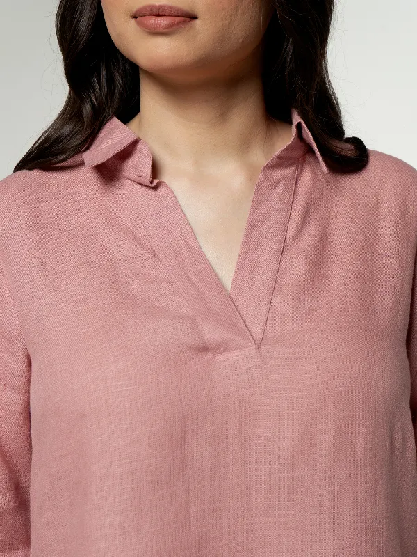 Women Rose Taupe Pure Linen Collared Shirt Top - Image 5