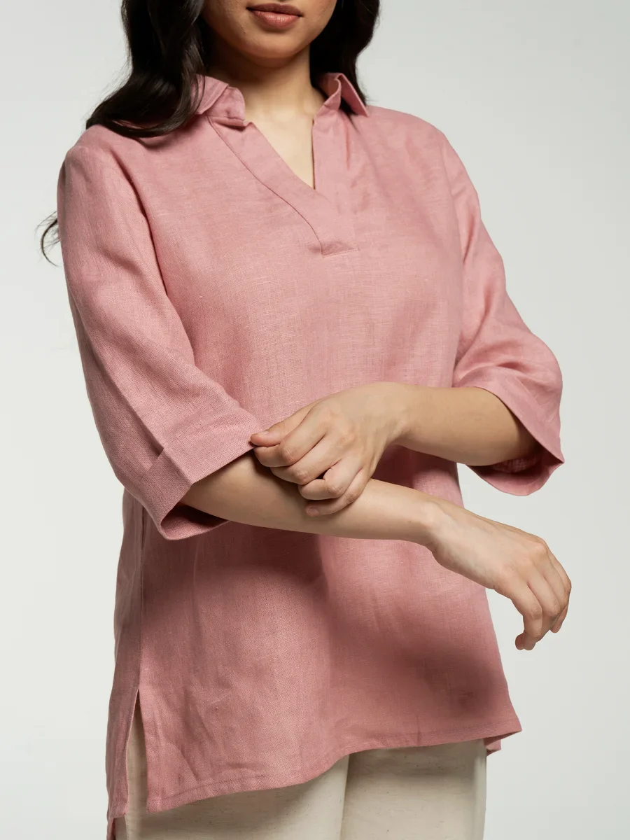 Women Rose Taupe Pure Linen Collared Shirt Top - Image 8