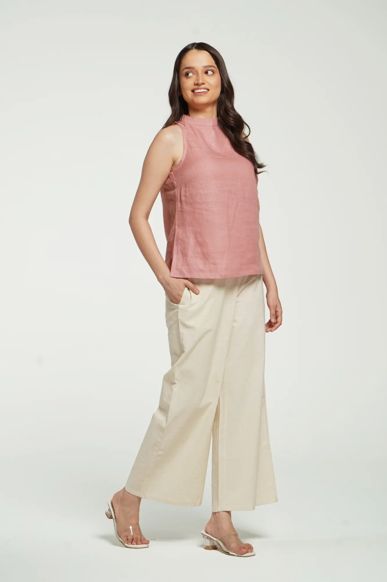 Women Rose Taupe Pure Linen Halter Neck Top - Image 7