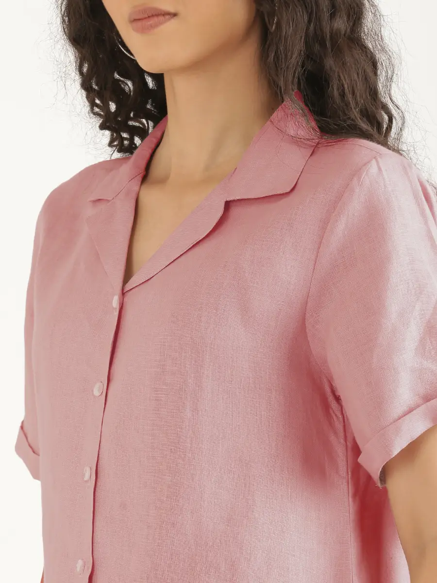 Women Rose Taupe Pure Linen Notch Collar Shirt - Image 10