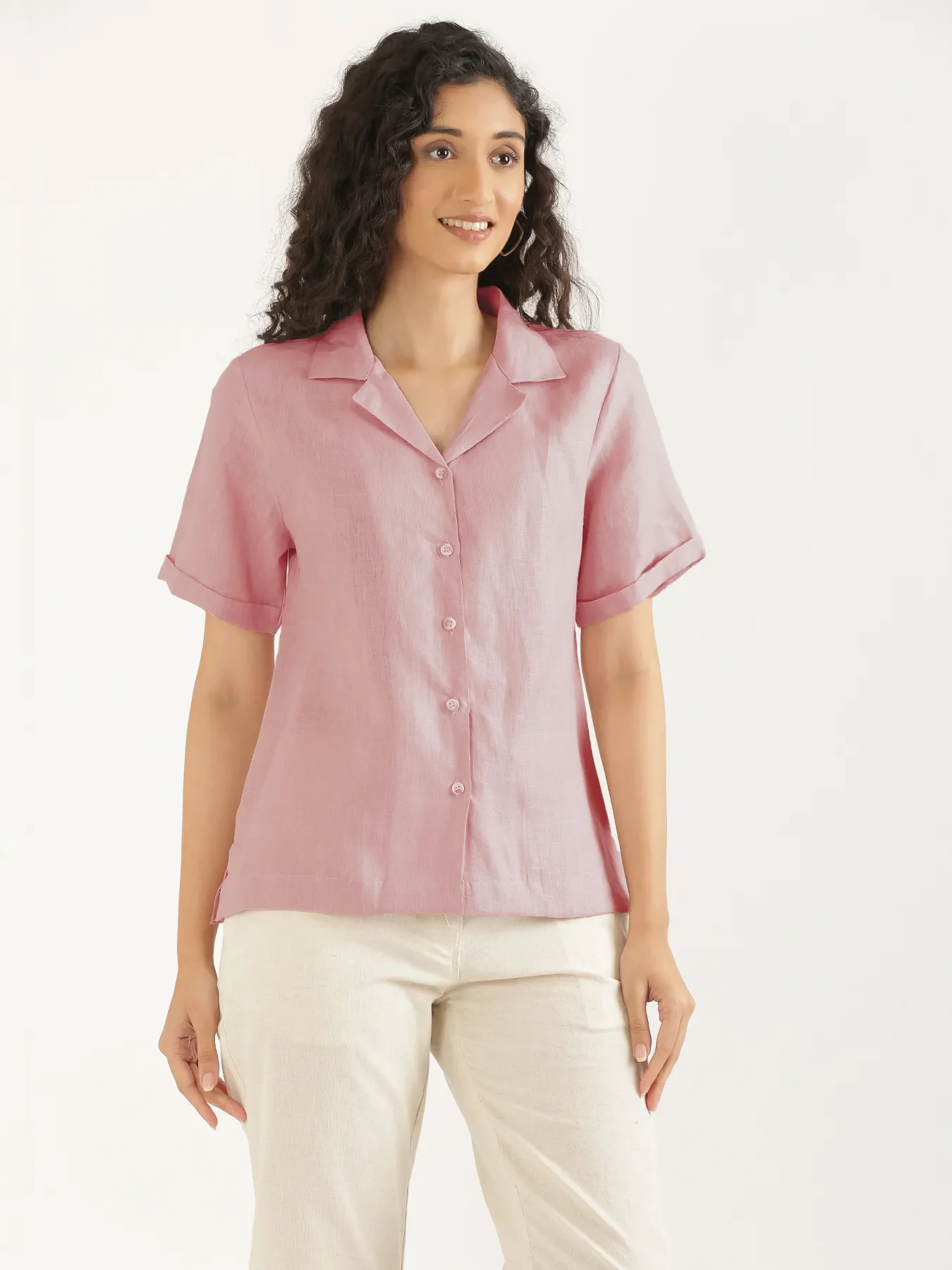 Women Rose Taupe Pure Linen Notch Collar Shirt - Image 11