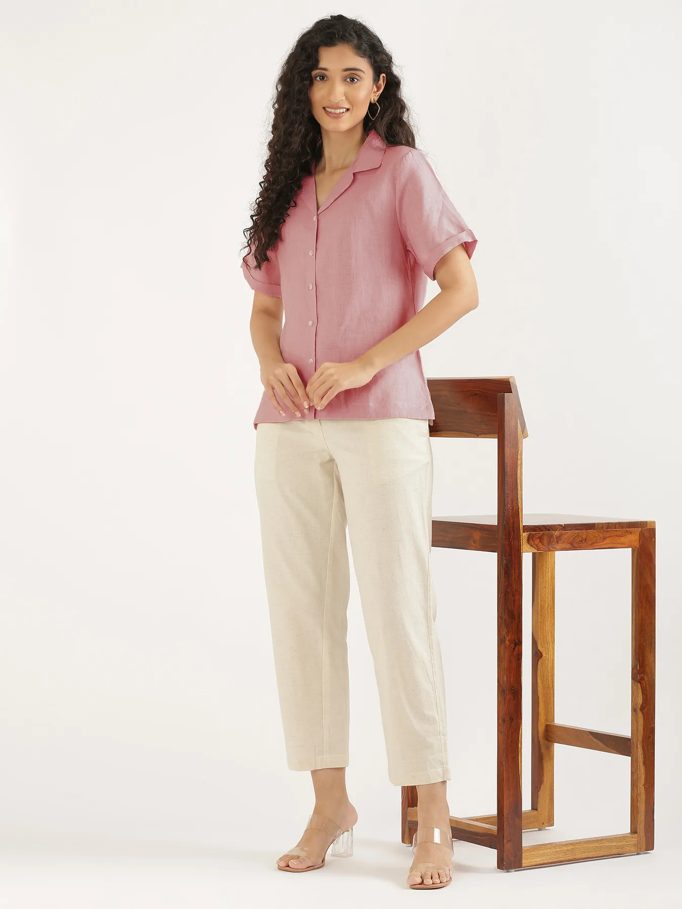 Women Rose Taupe Pure Linen Notch Collar Shirt - Image 12