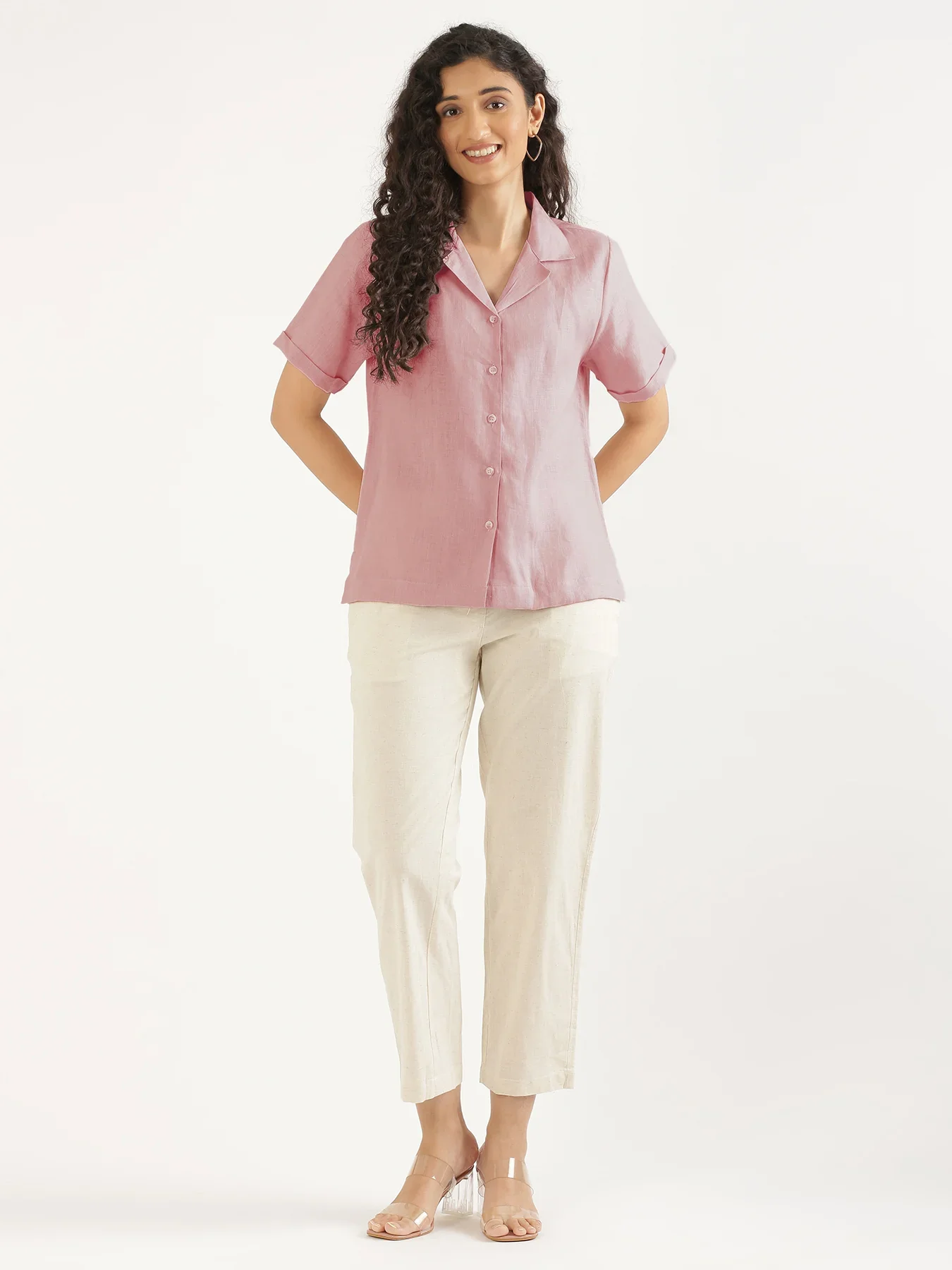 Women Rose Taupe Pure Linen Notch Collar Shirt - Image 3