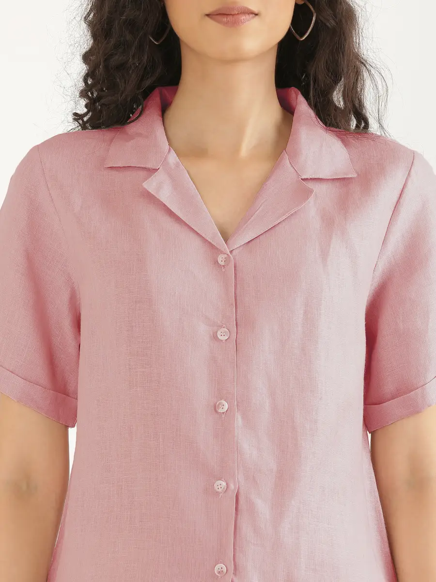 Women Rose Taupe Pure Linen Notch Collar Shirt - Image 4