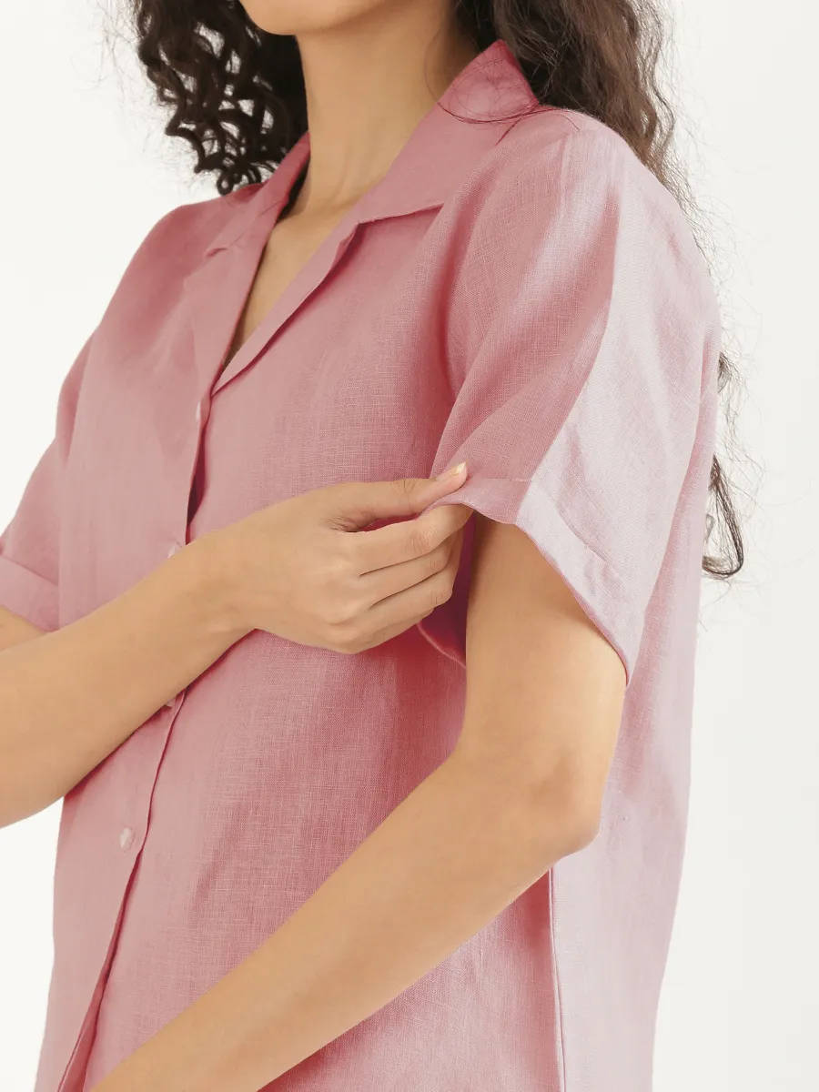 Women Rose Taupe Pure Linen Notch Collar Shirt - Image 5