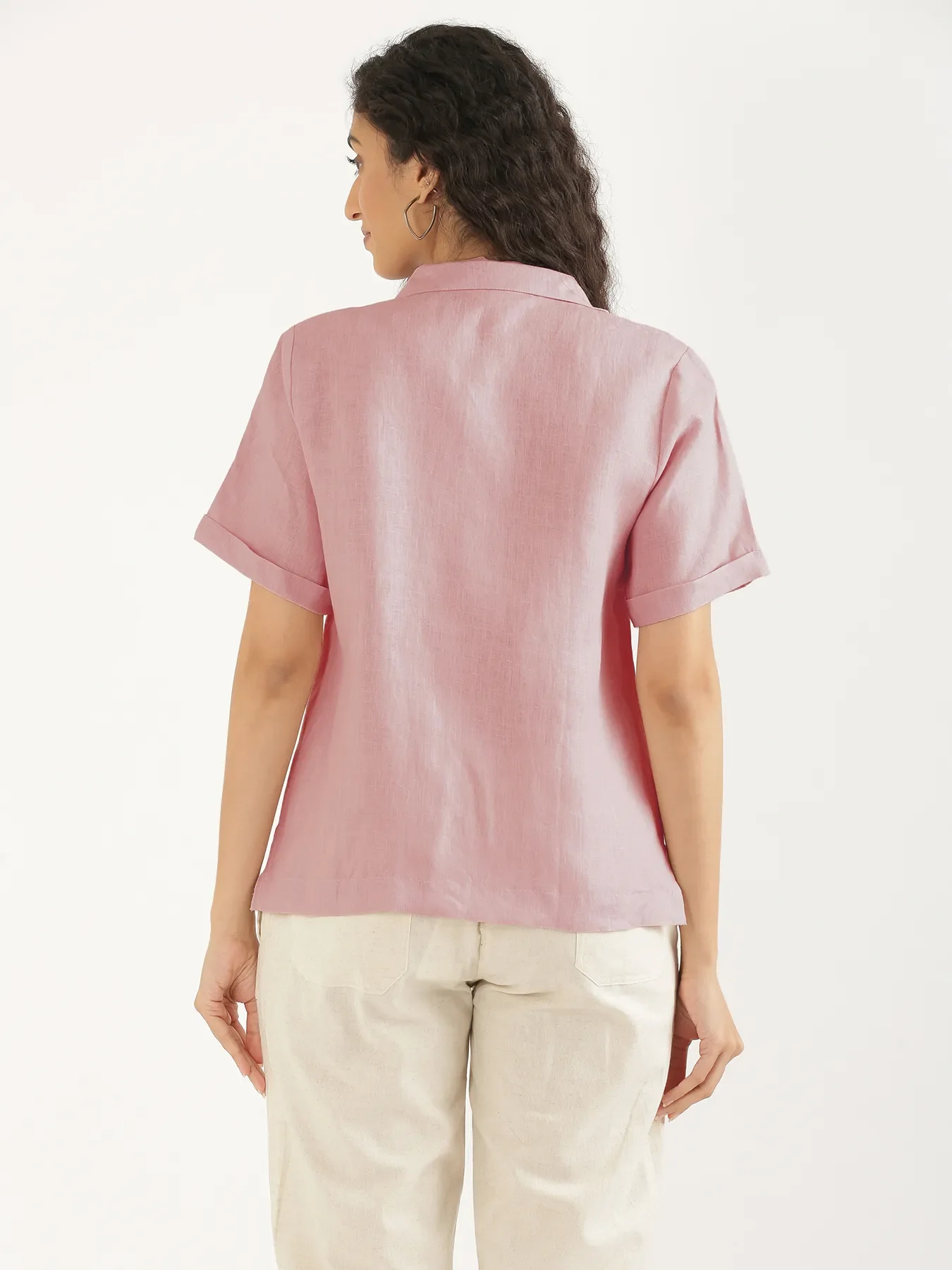 Women Rose Taupe Pure Linen Notch Collar Shirt - Image 6