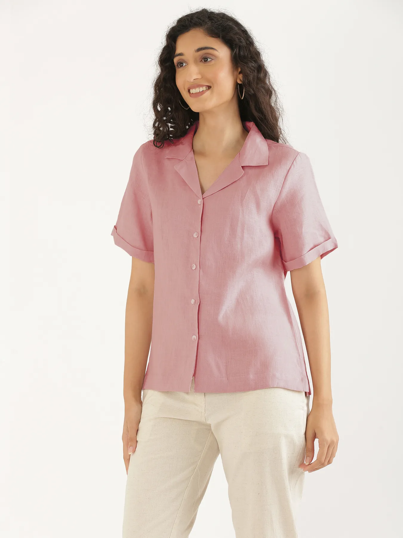 Women Rose Taupe Pure Linen Notch Collar Shirt - Image 7