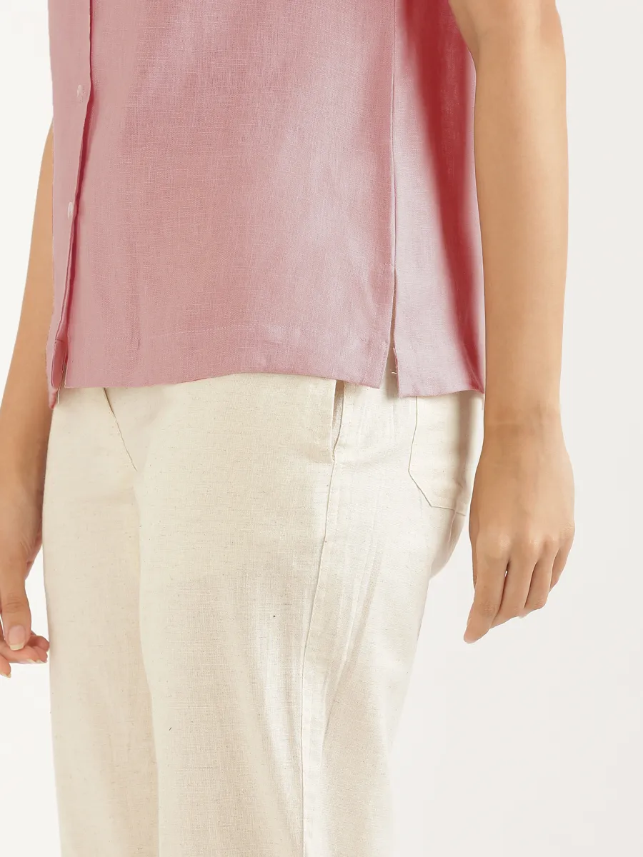 Women Rose Taupe Pure Linen Notch Collar Shirt - Image 8