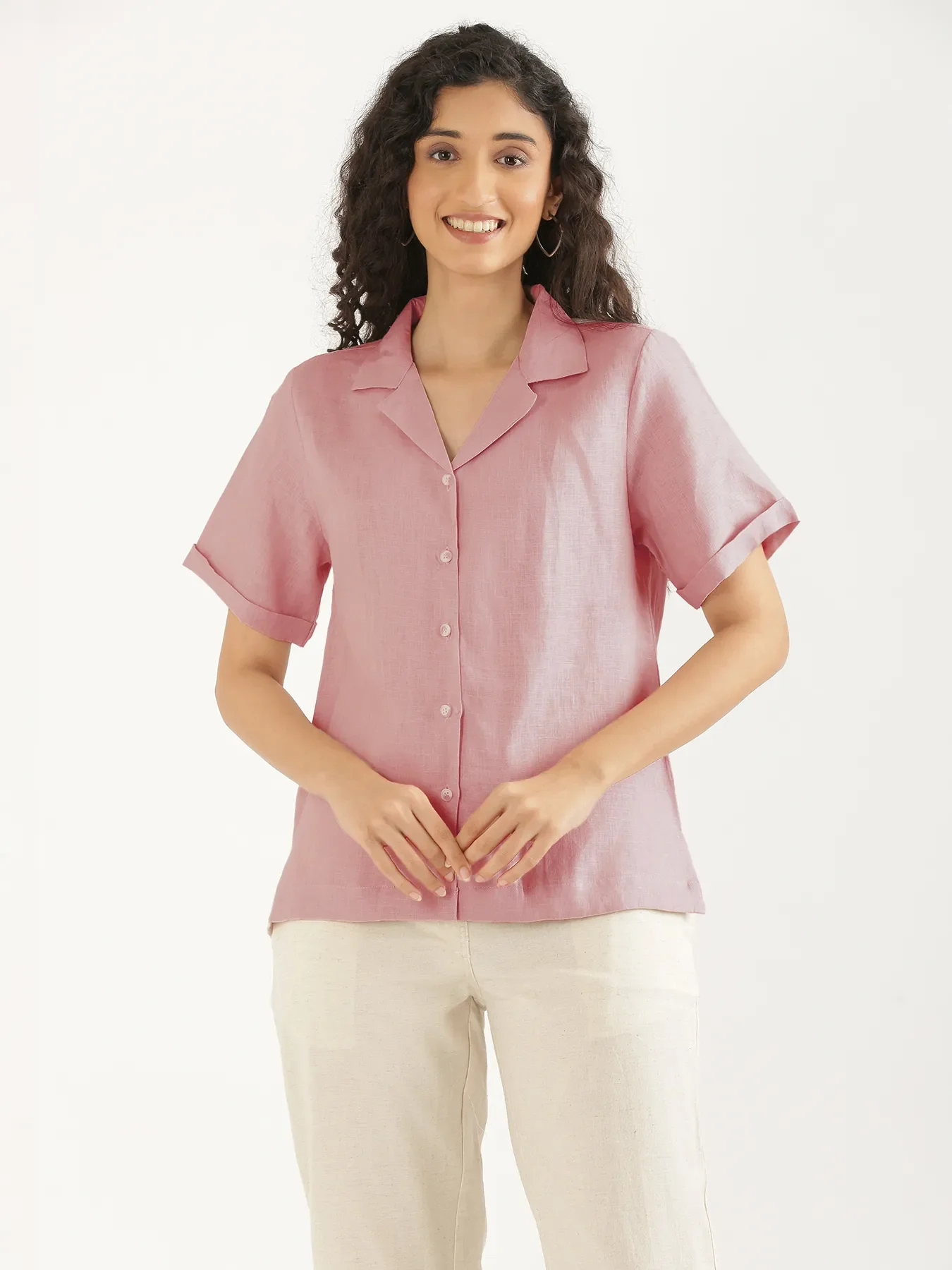 Women Rose Taupe Pure Linen Notch Collar Shirt - Image 9