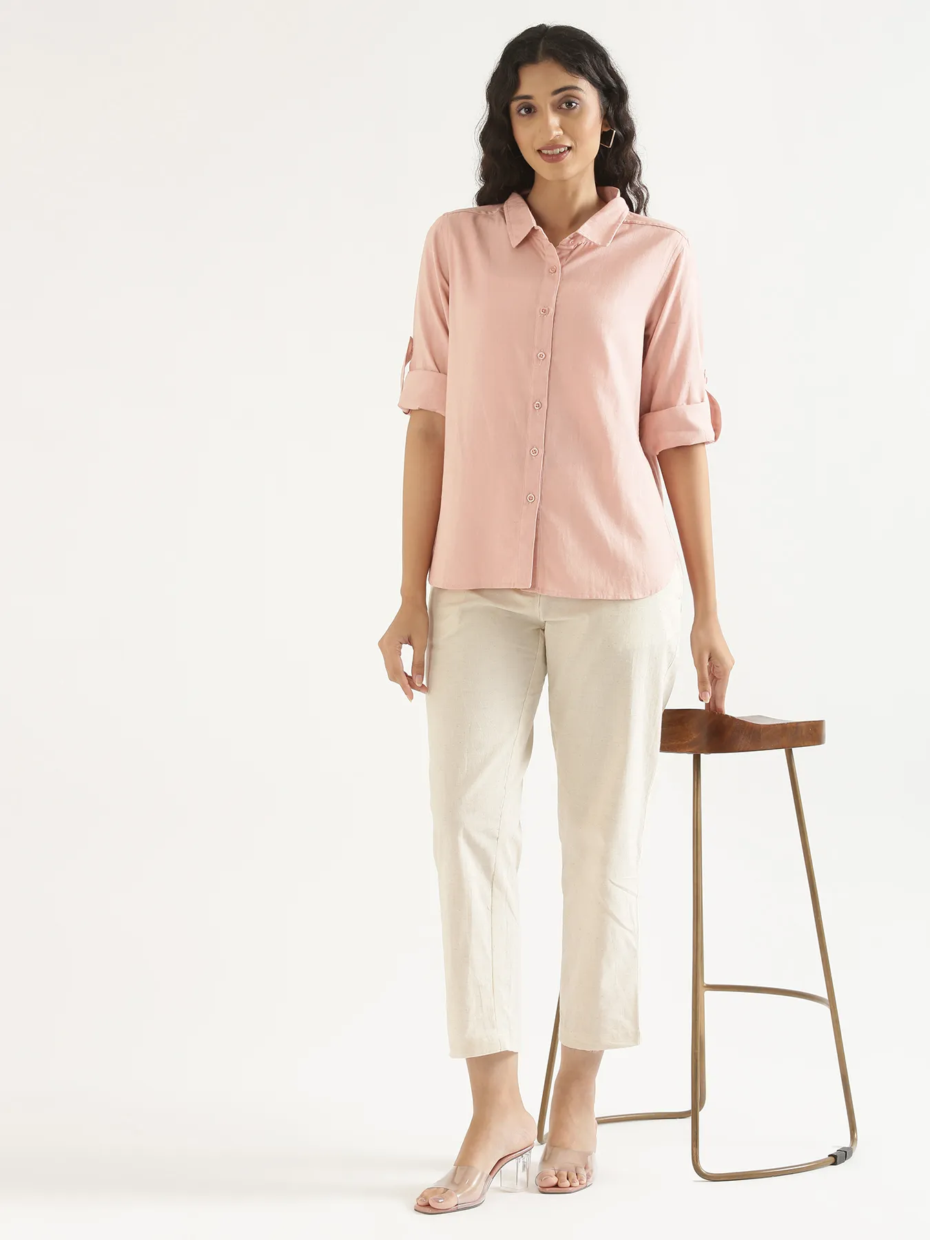Women Salmon Pink Airy-Linen Shirt - Image 15
