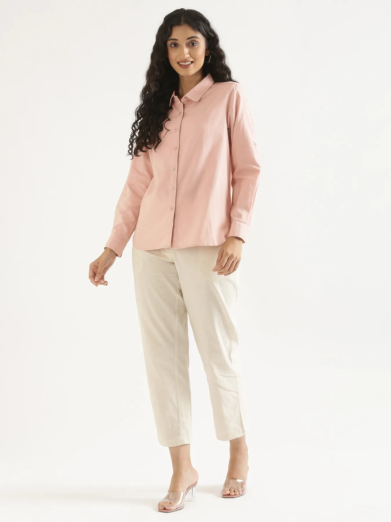 Women Salmon Pink Airy-Linen Shirt - Image 3