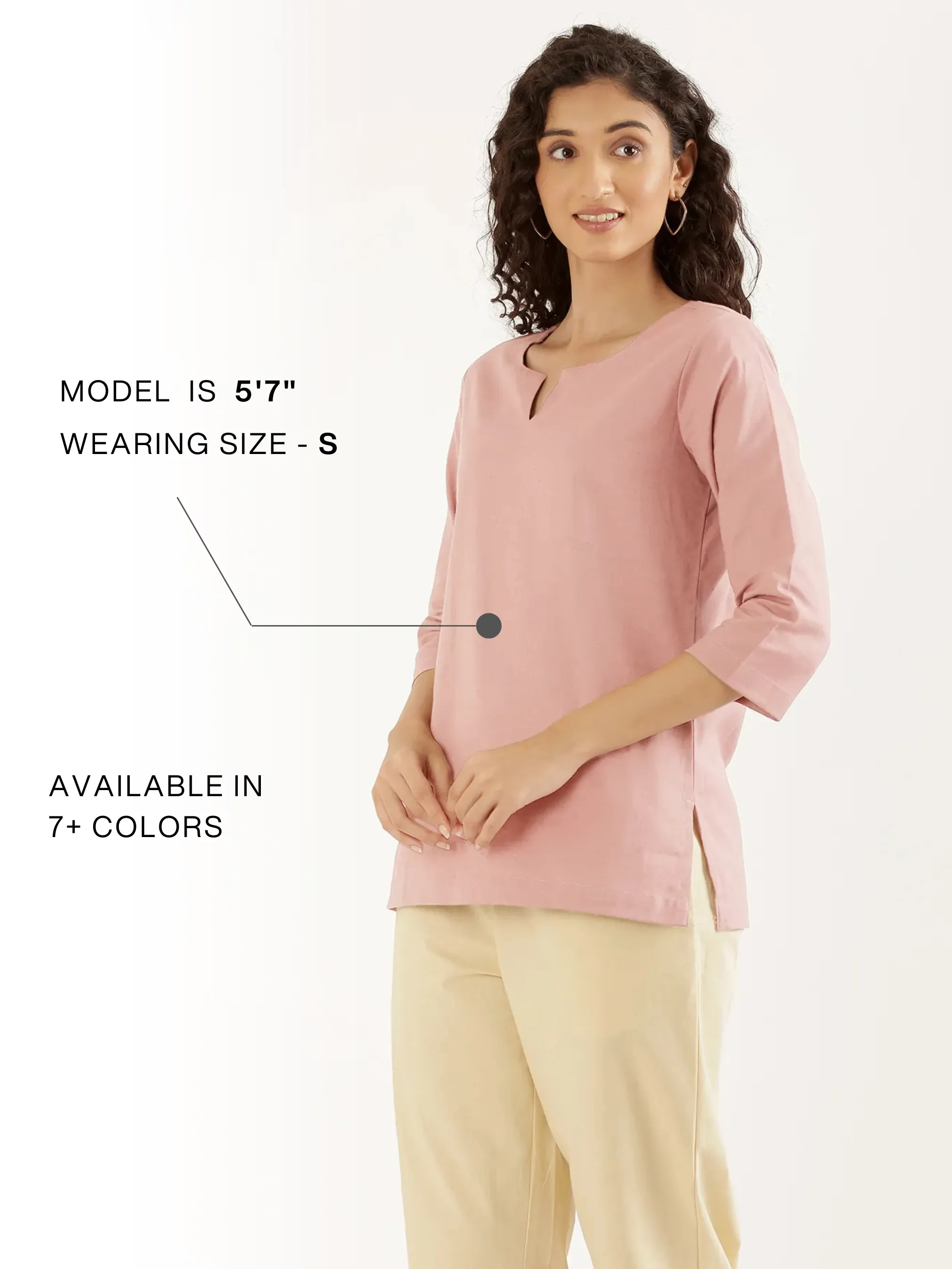 Women Salmon Pink Airy Linen Split Neck Short Kurta - Image 13