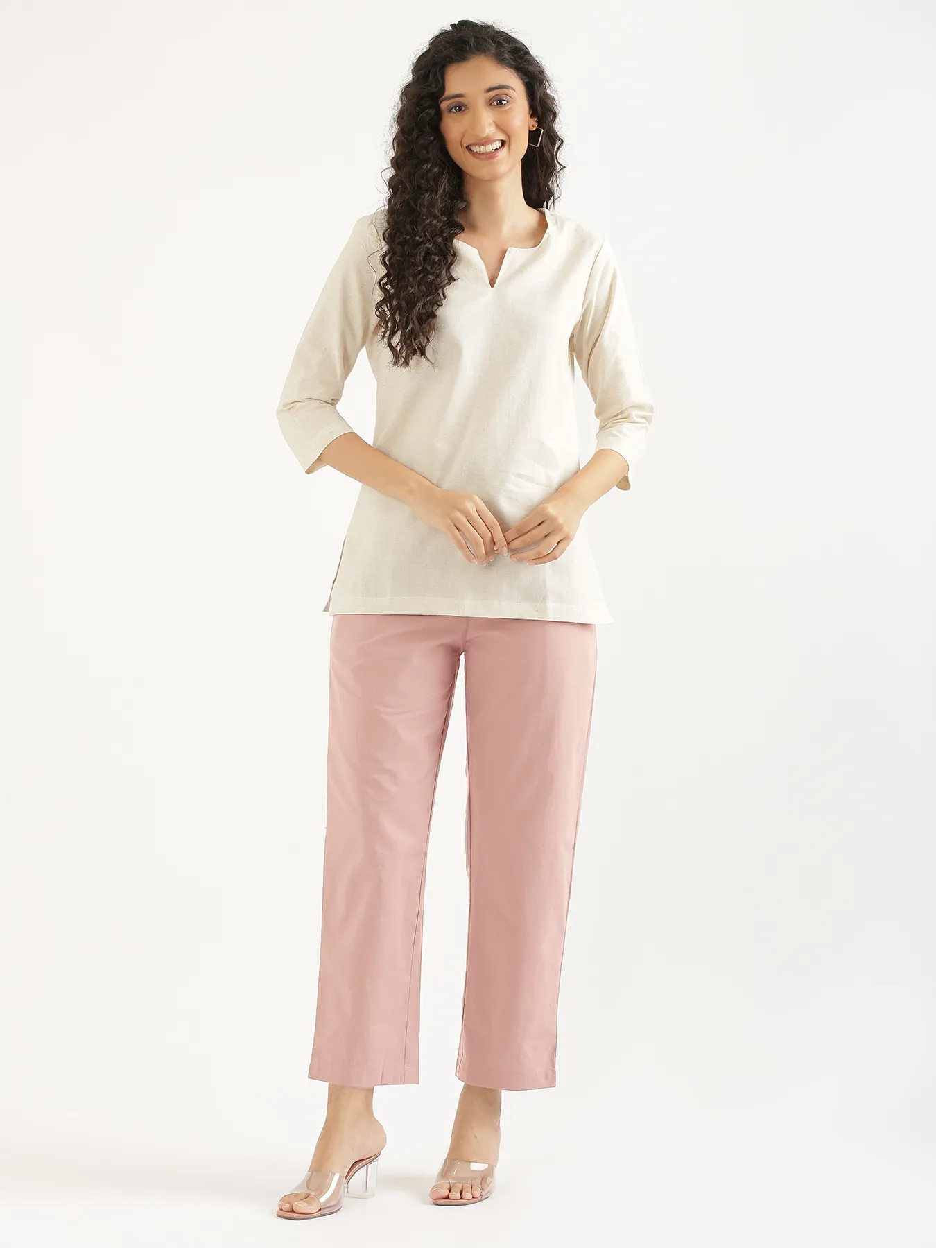 Women Salmon Pink Cotton Straight Pant - Image 3
