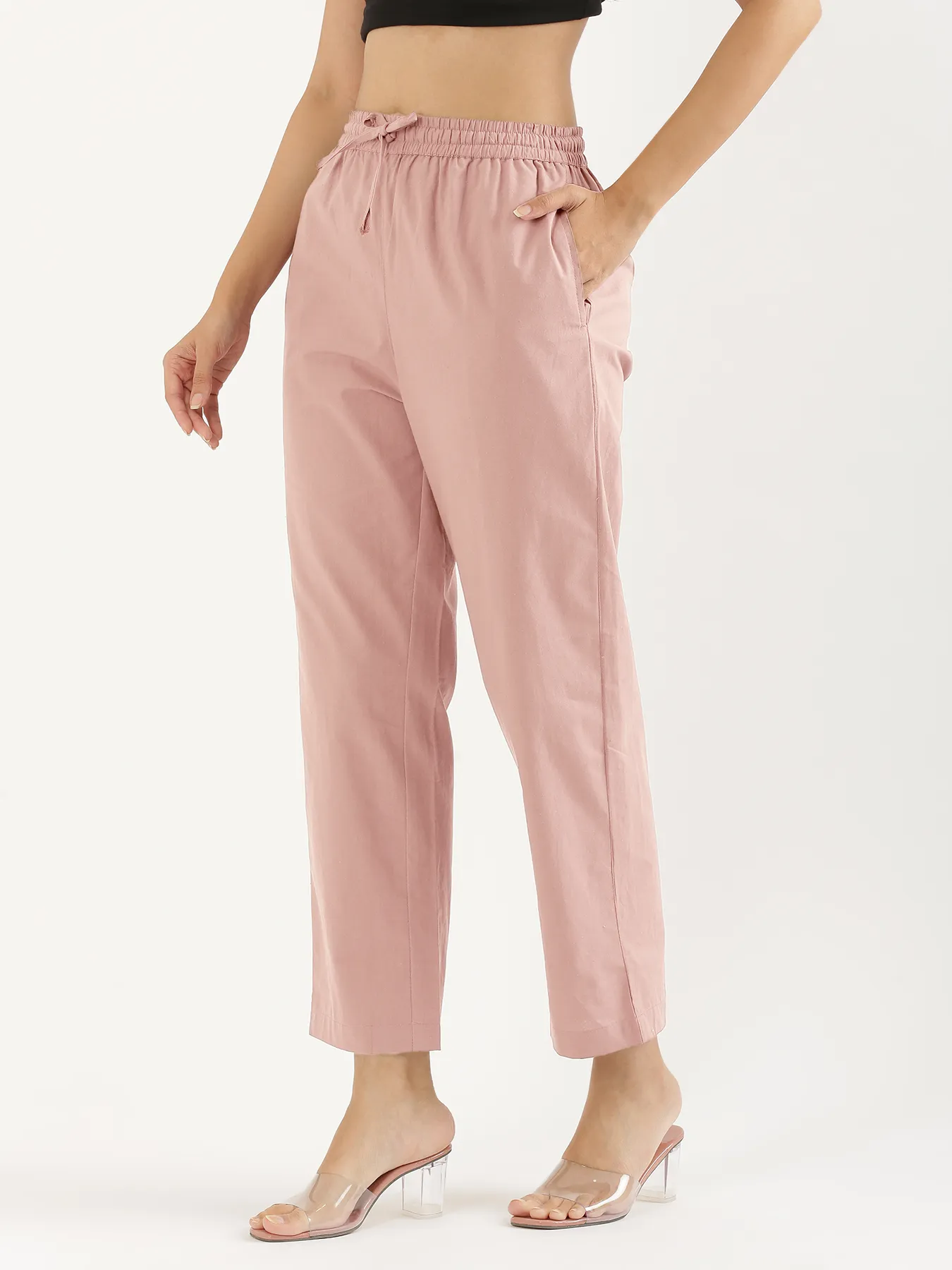 Women Salmon Pink Cotton Straight Pant - Image 4
