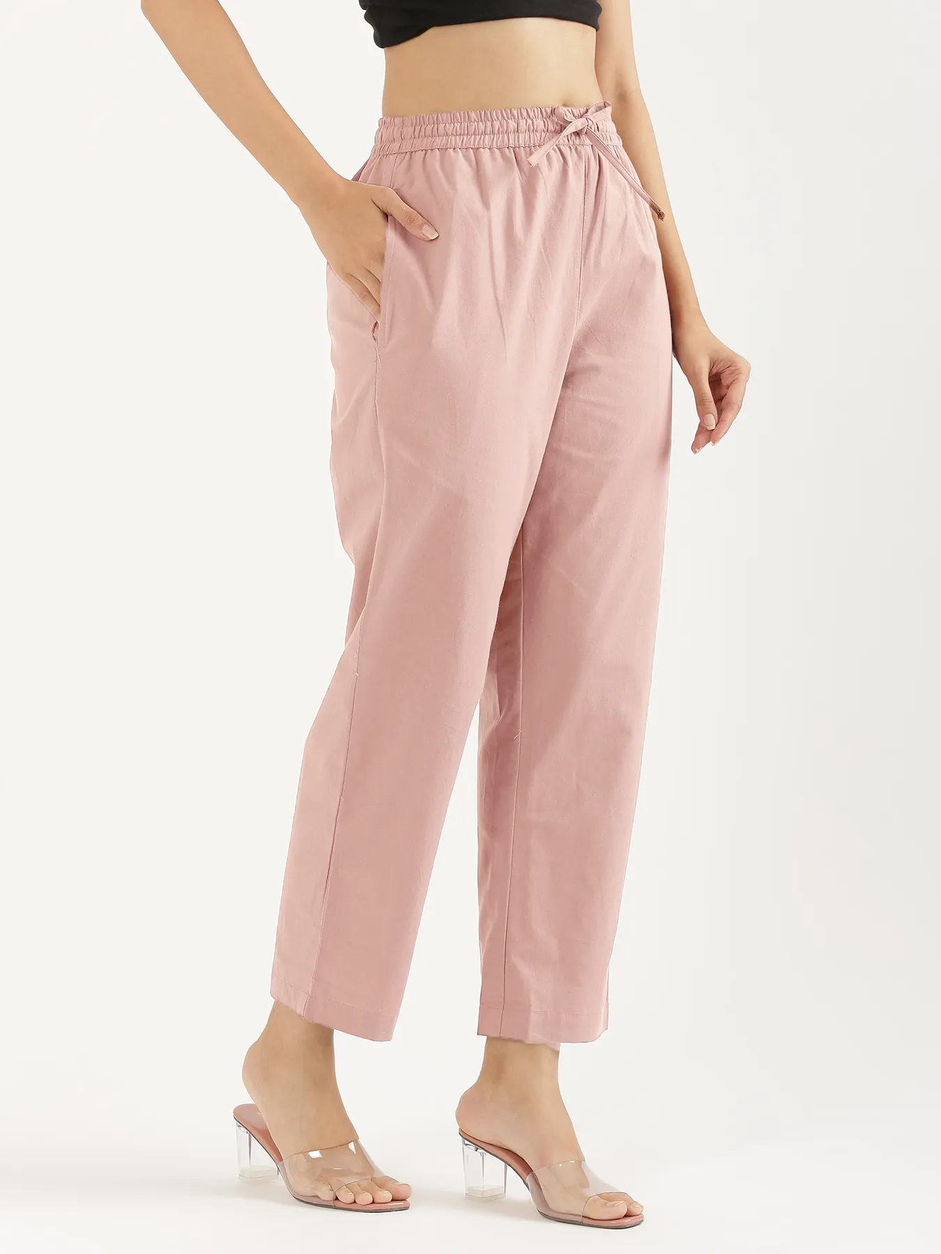 Women Salmon Pink Cotton Straight Pant - Image 5