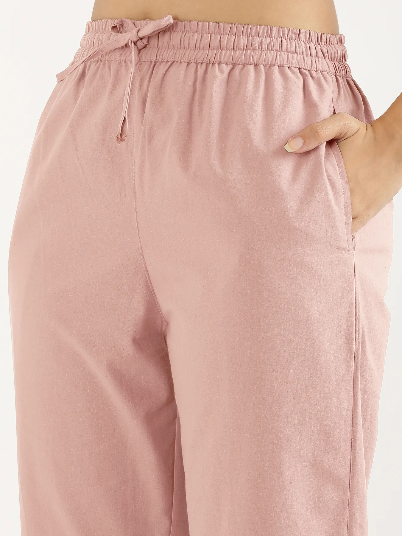 Women Salmon Pink Cotton Straight Pant - Image 7
