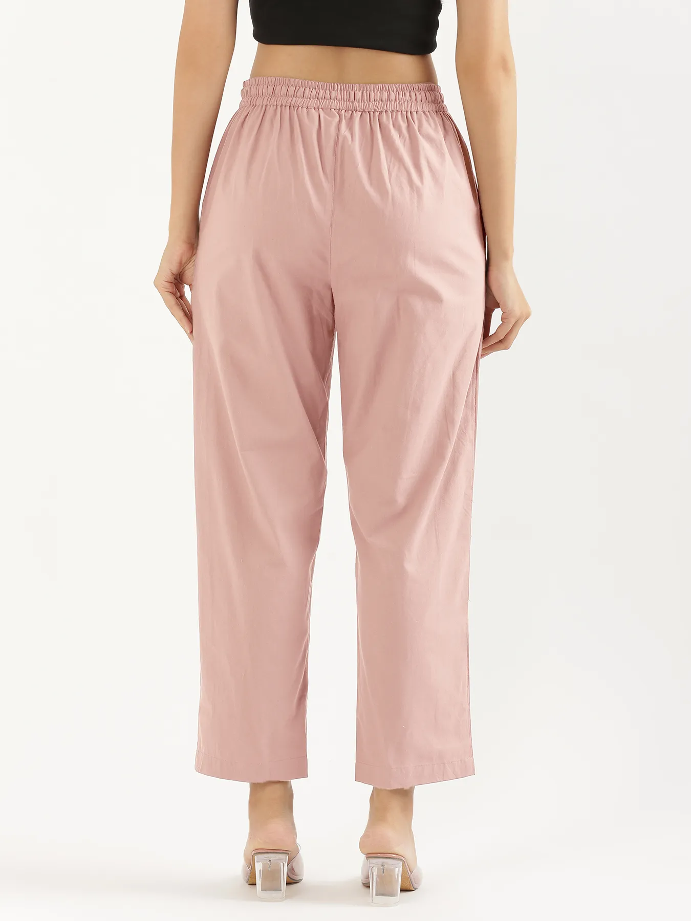 Women Salmon Pink Cotton Straight Pant - Image 9