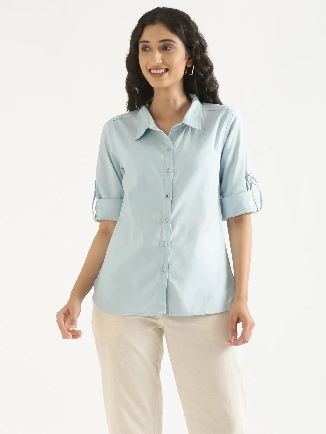 Women Sky Blue Airy-Linen Shirt - Image 3