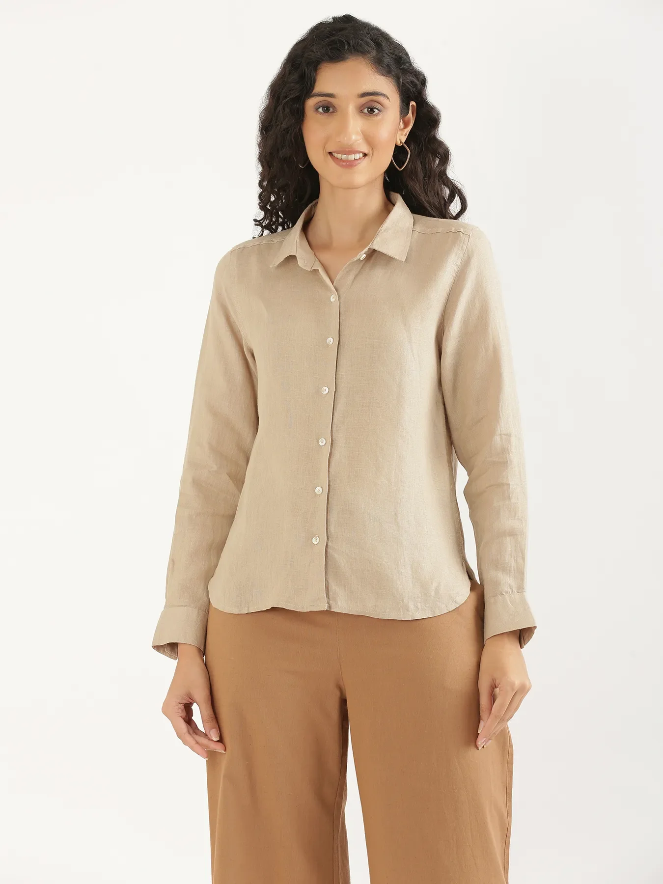 Women Taupe Pure Linen Shirt - Image 10