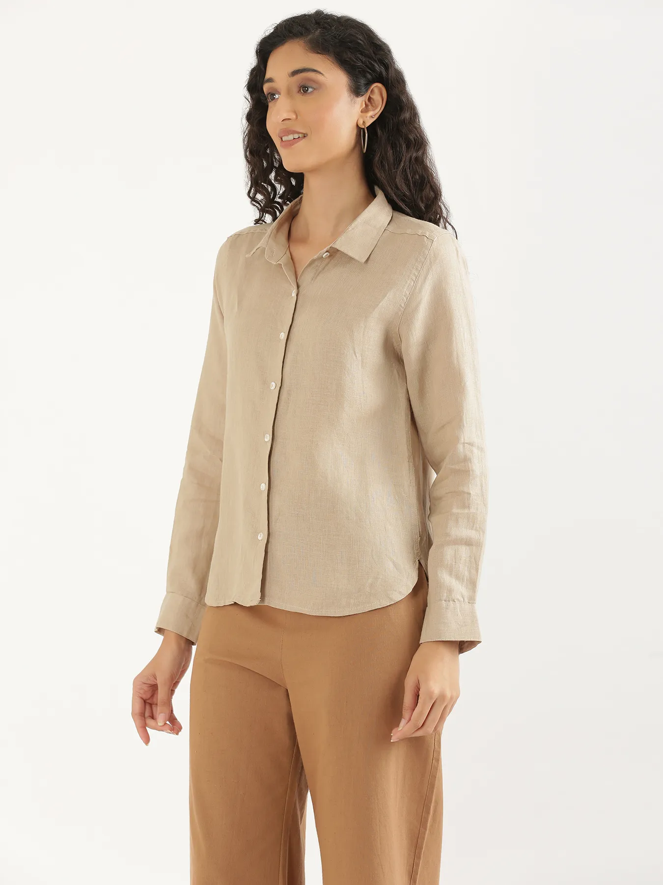 Women Taupe Pure Linen Shirt - Image 12