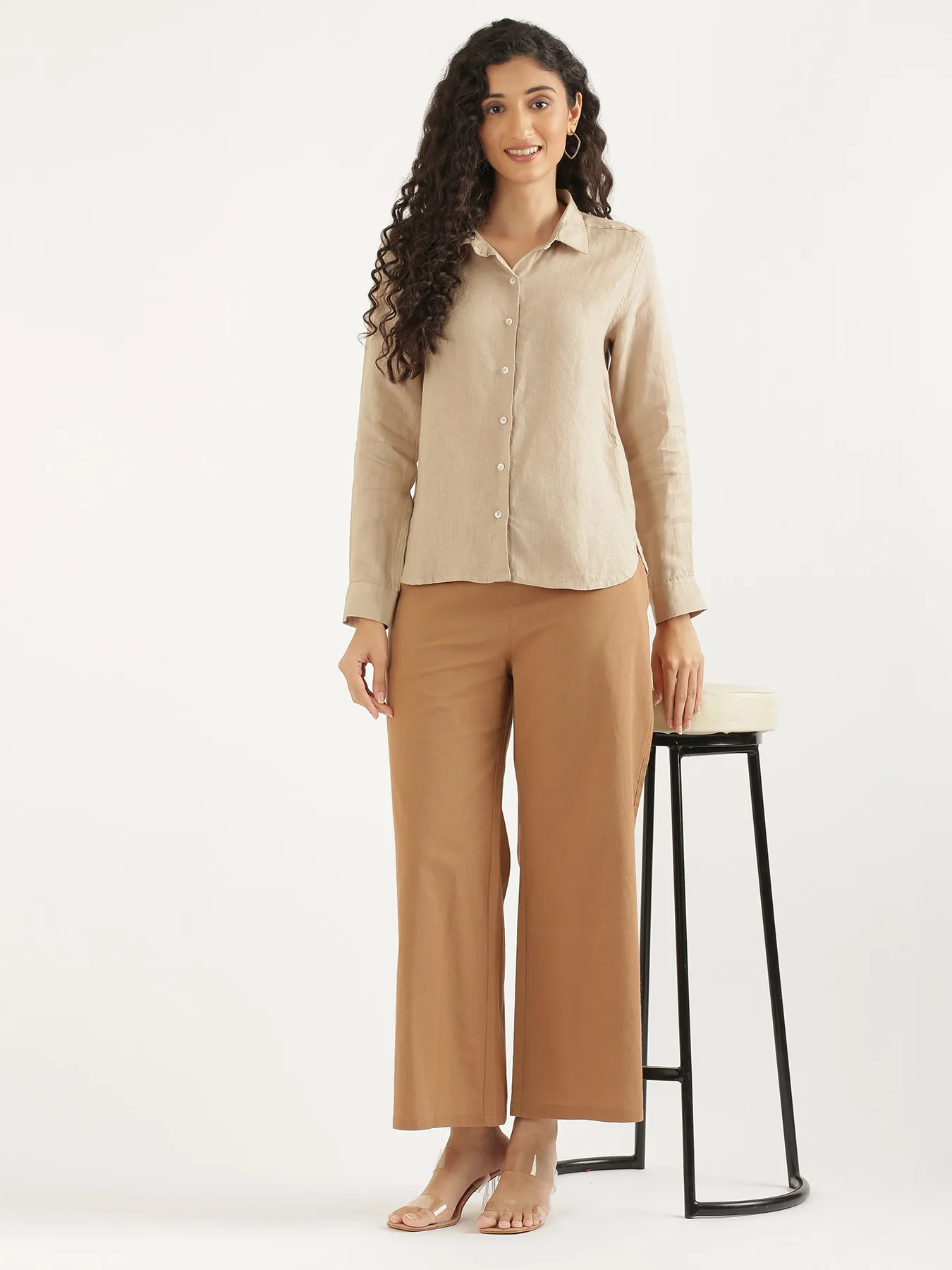 Women Taupe Pure Linen Shirt - Image 14