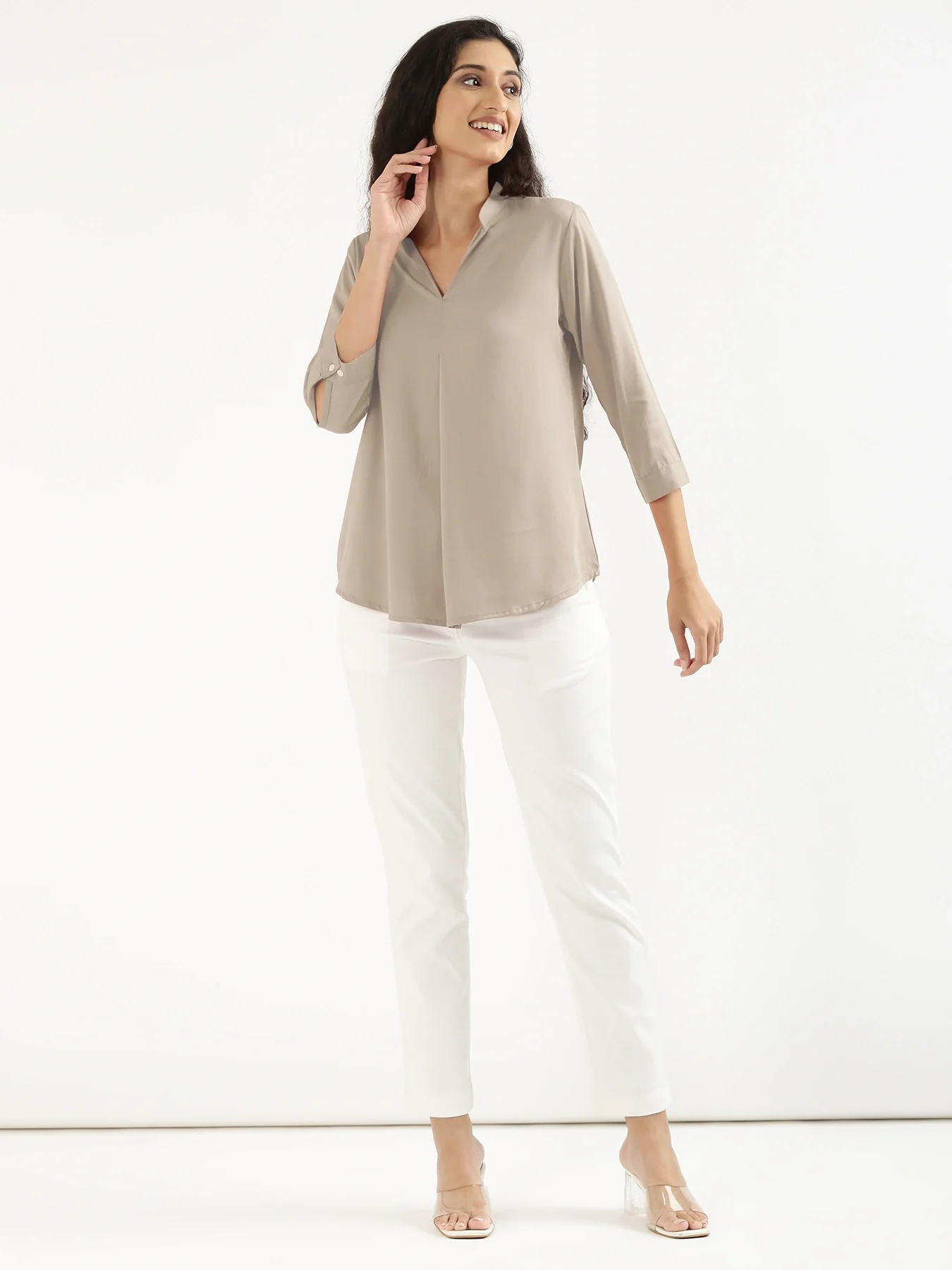 Women Taupe Viscose Pleated Top - Image 3