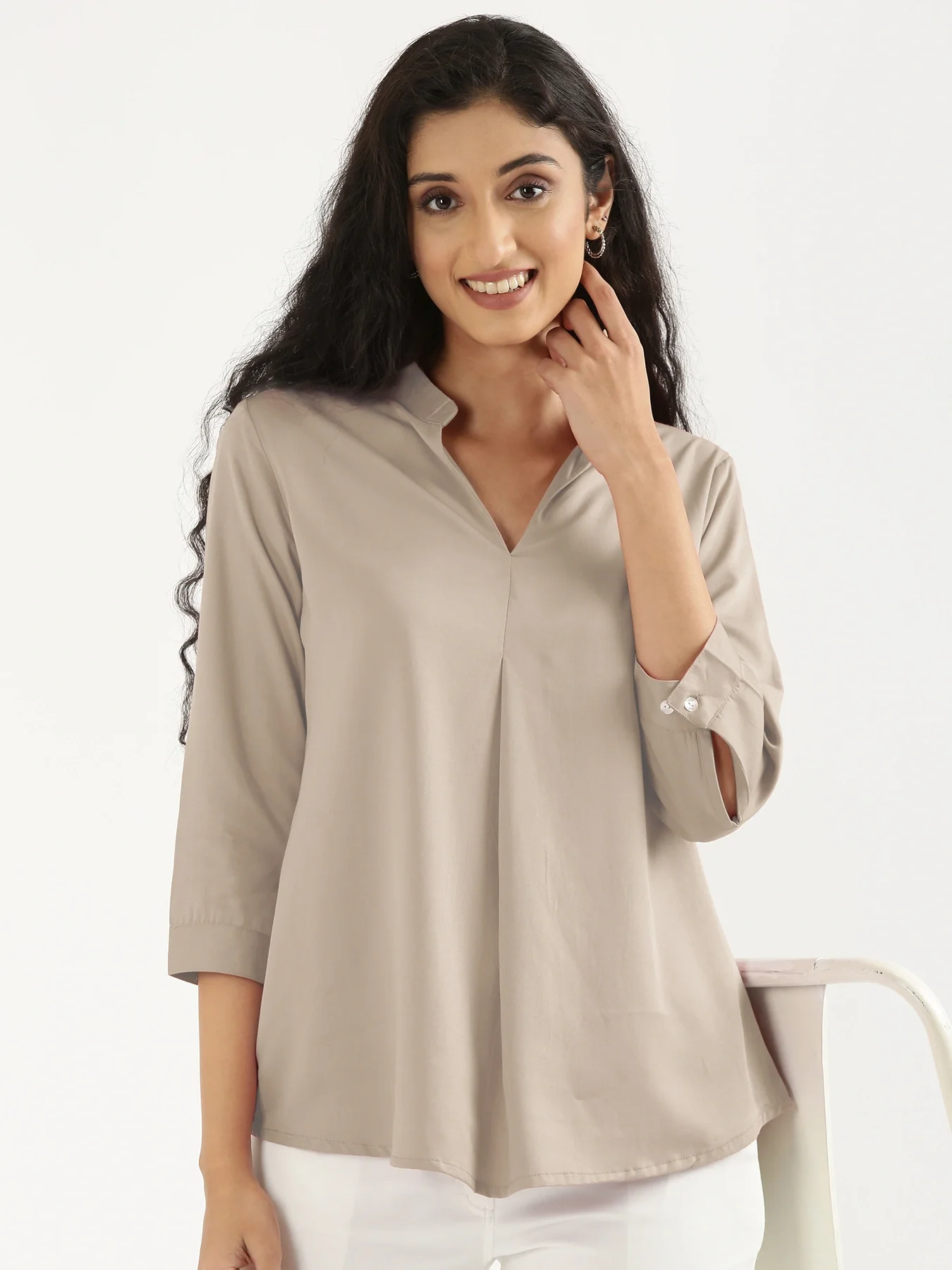 Women Taupe Viscose Pleated Top - Image 4