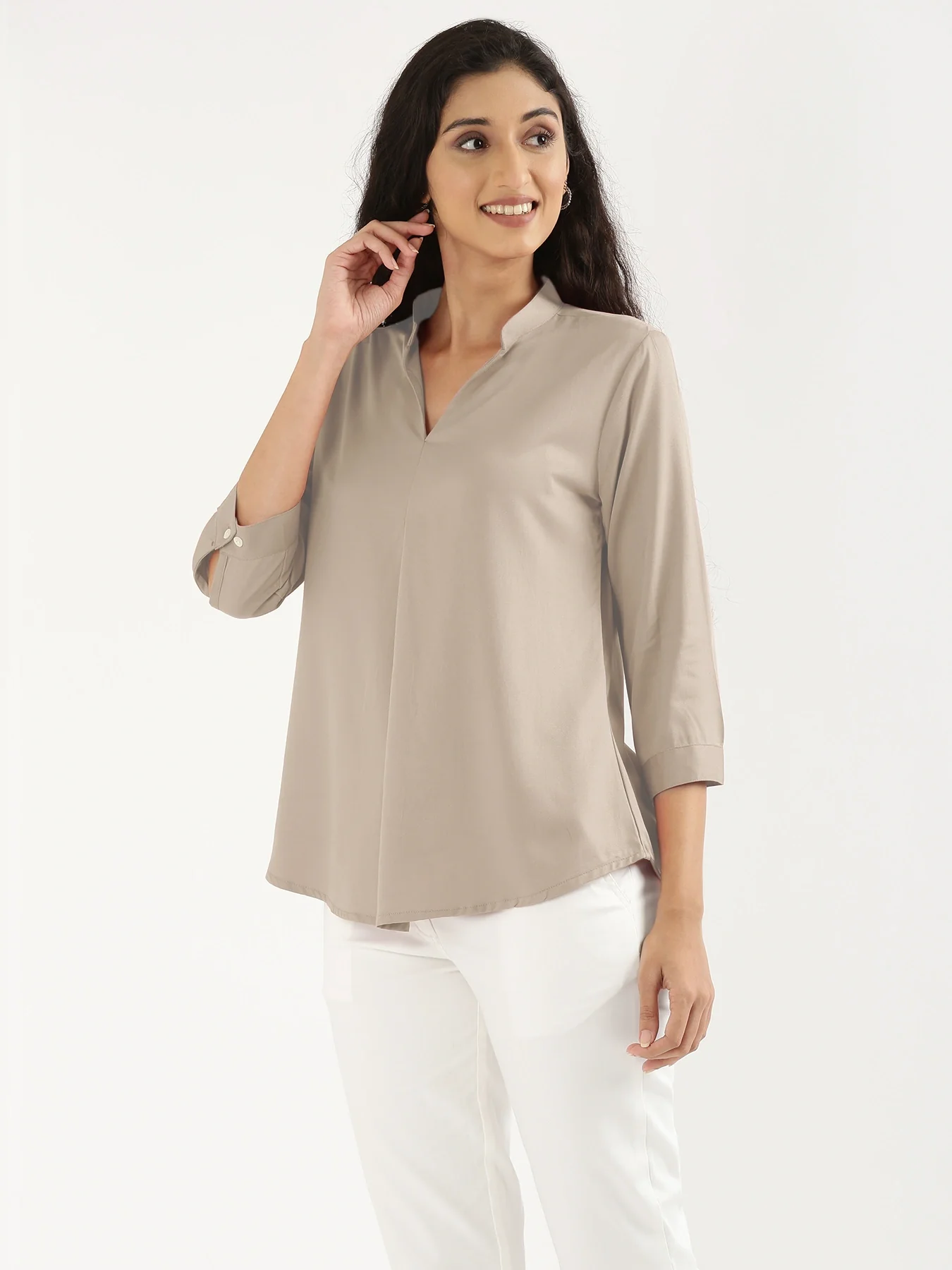 Women Taupe Viscose Pleated Top - Image 5