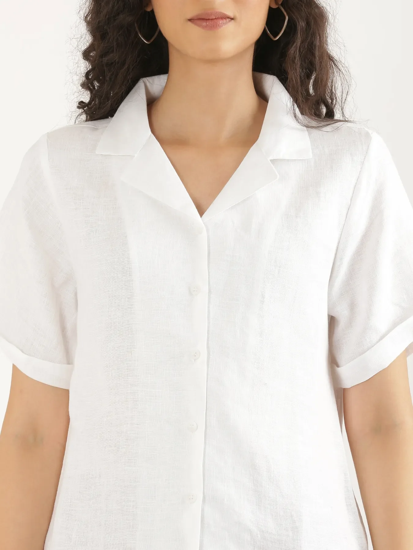 Women White Pure Linen Notch Collar Shirt - Image 4