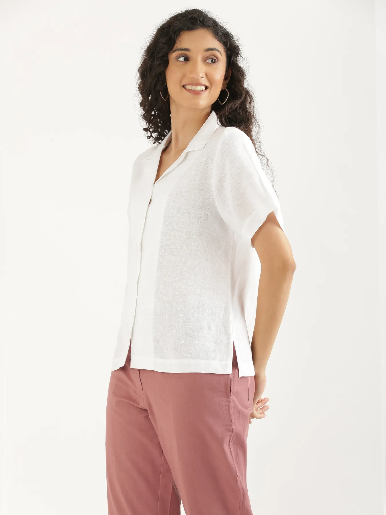 Women White Pure Linen Notch Collar Shirt - Image 8