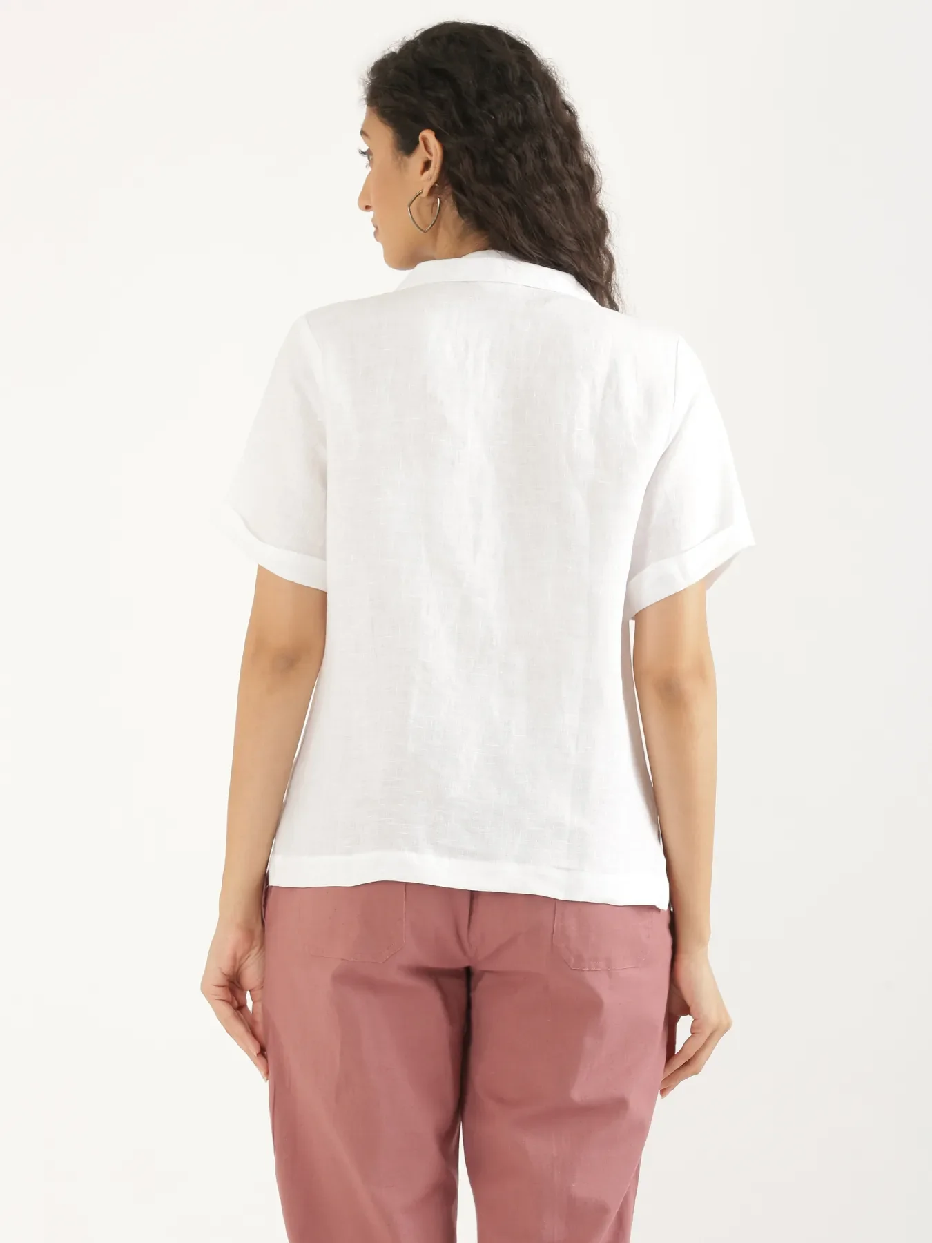 Women White Pure Linen Notch Collar Shirt - Image 9