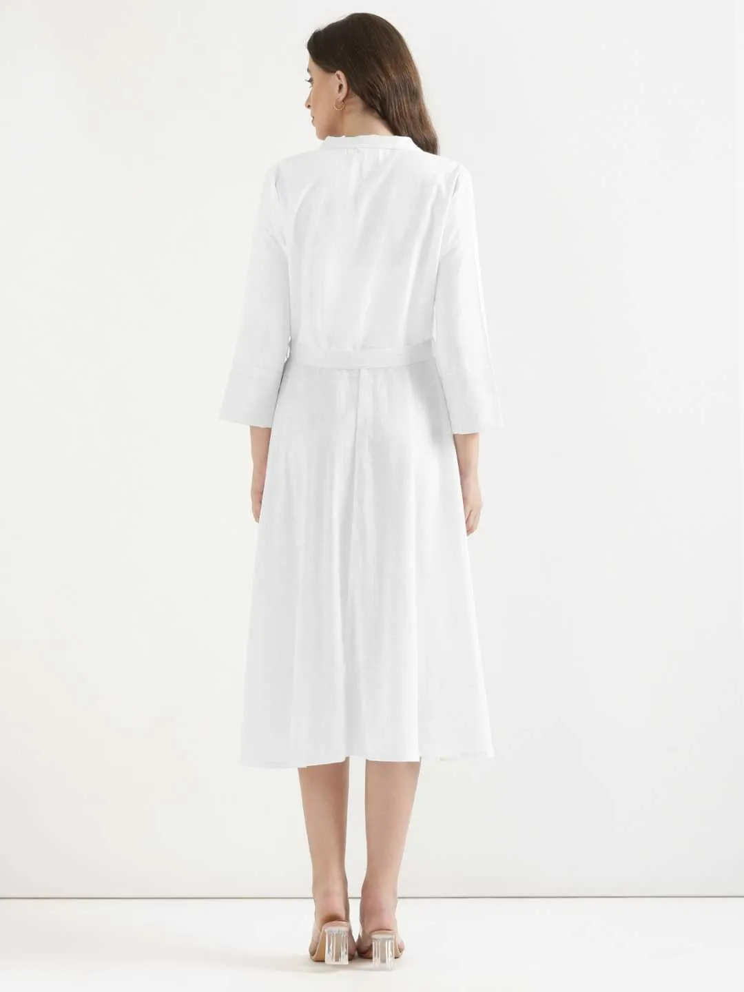 Women White Airy Linen Flared Dress - Image 11