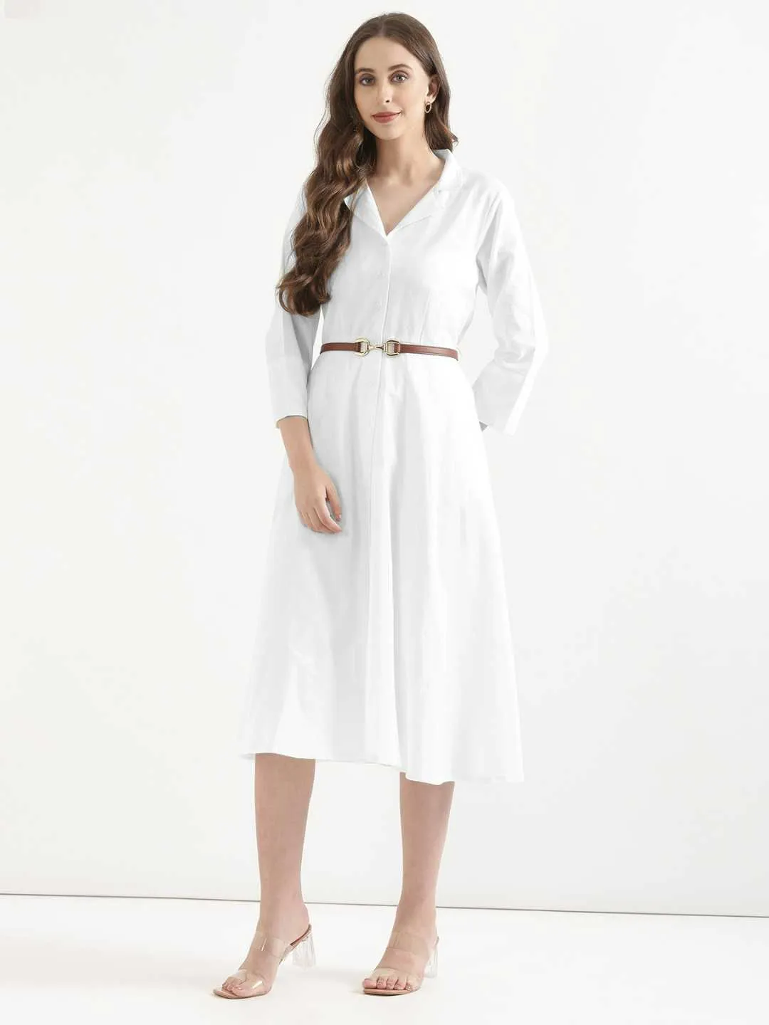 Women White Airy Linen Flared Dress - Image 12