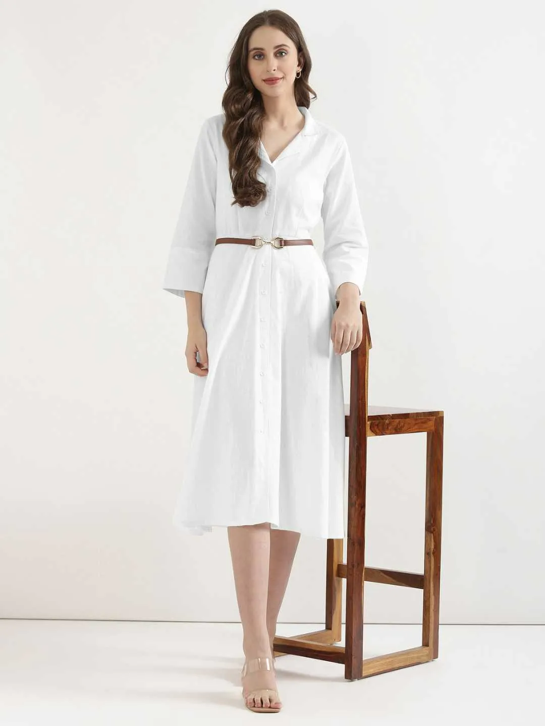 Women White Airy Linen Flared Dress - Image 13