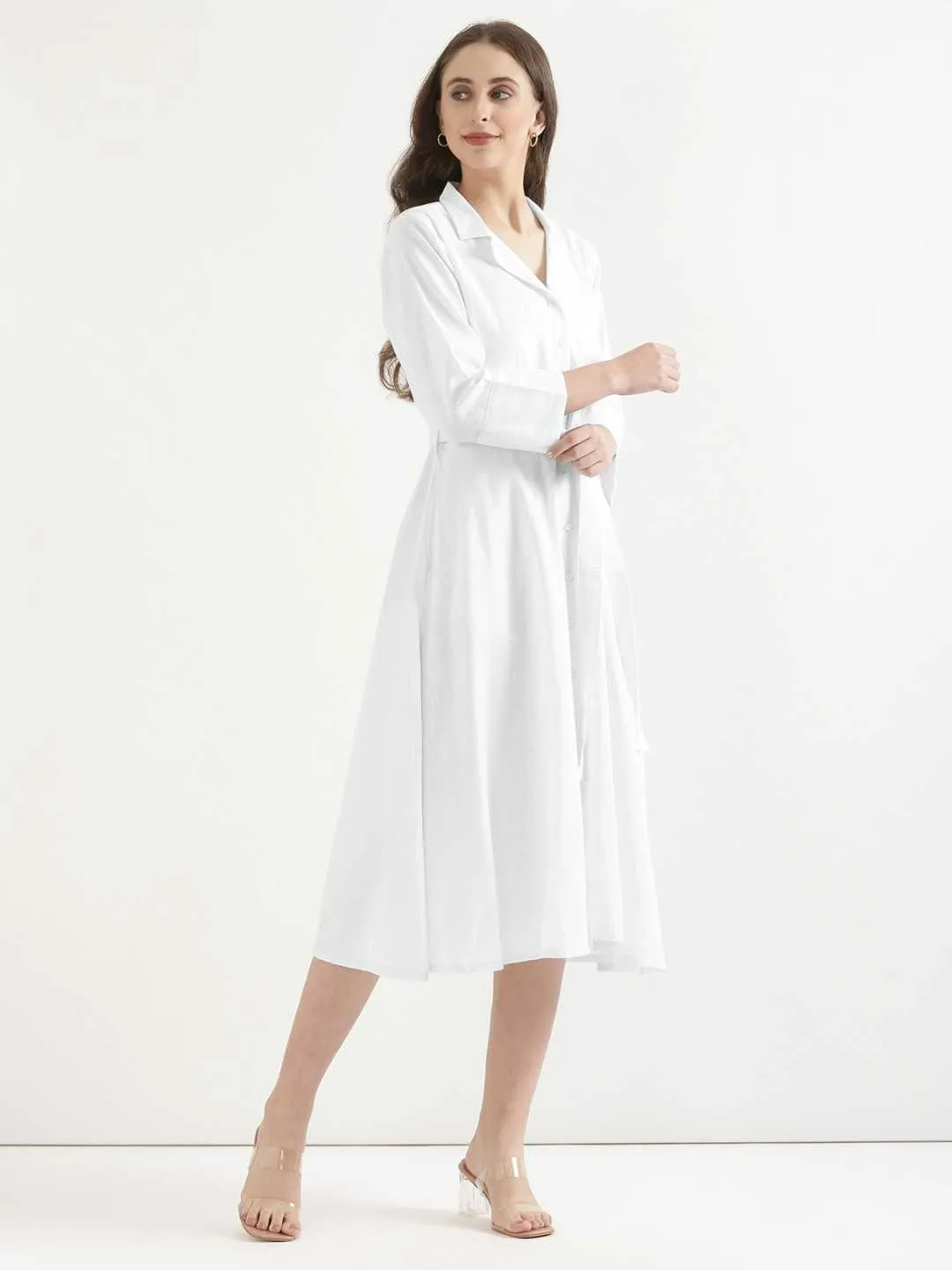 Women White Airy Linen Flared Dress - Image 3
