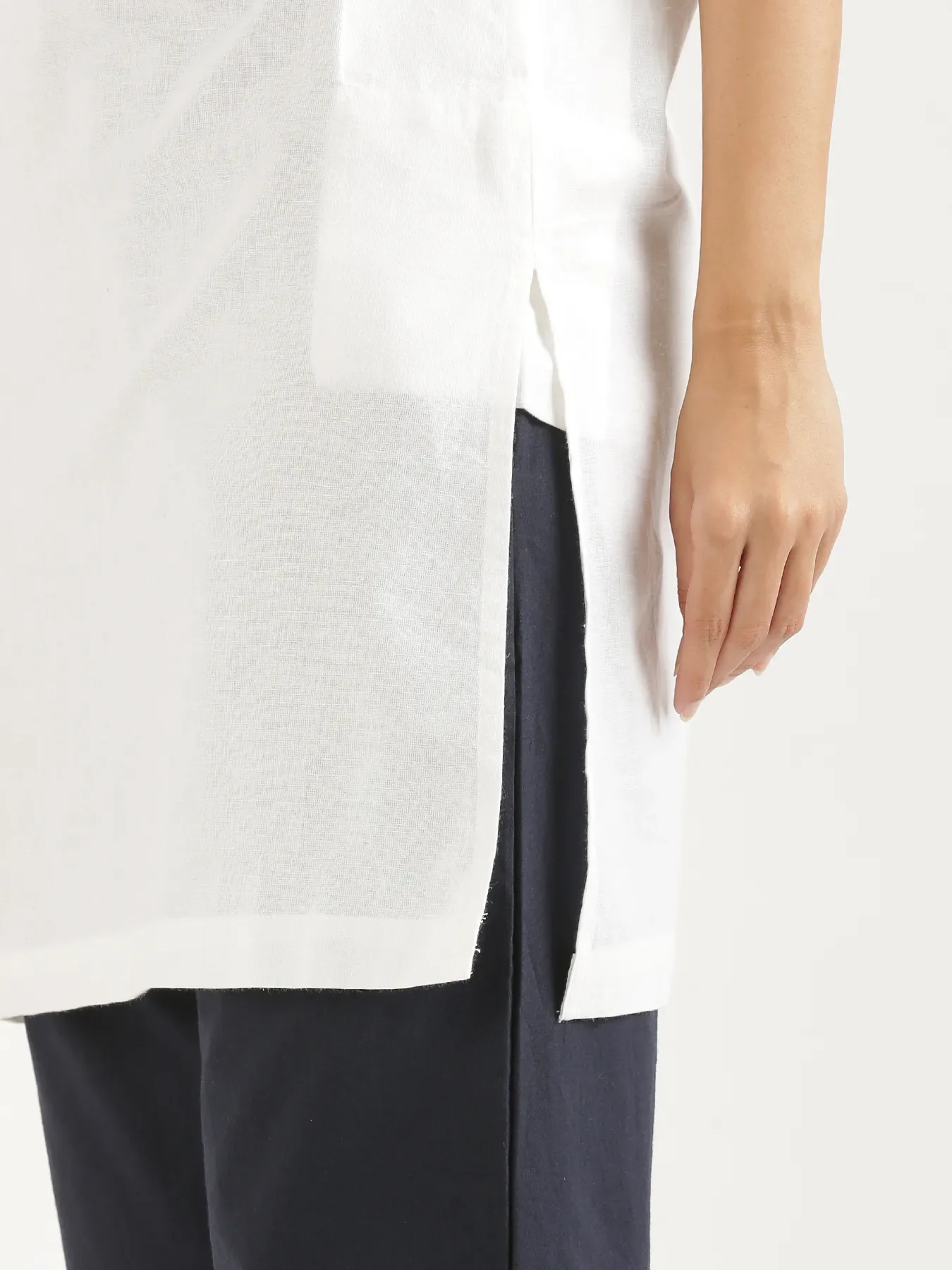 Women White Airy Linen Mid Thigh Length Kurta - Image 5