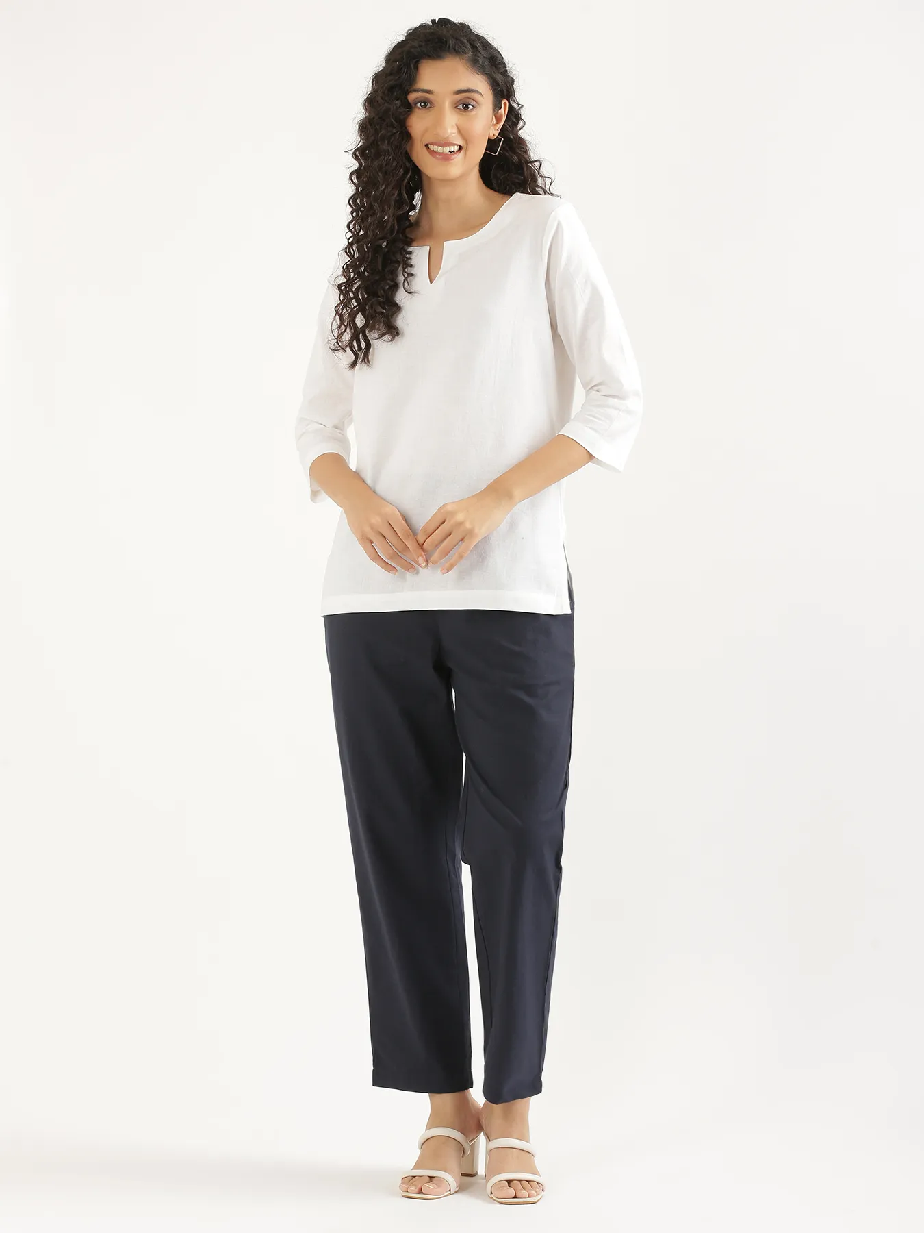 Women White Airy Linen Split Neck Short Kurta - Image 3