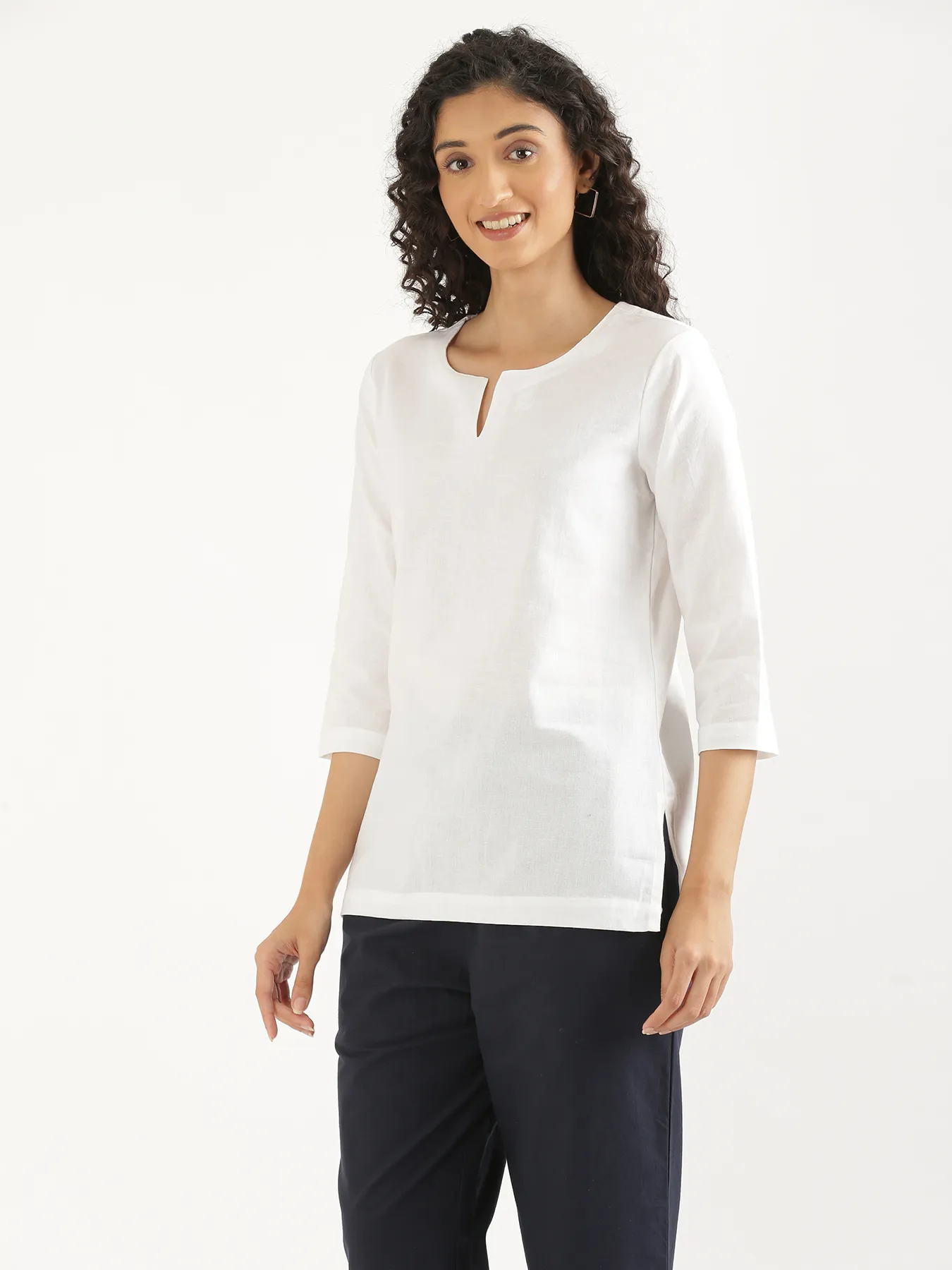 Women White Airy Linen Split Neck Short Kurta - Image 9