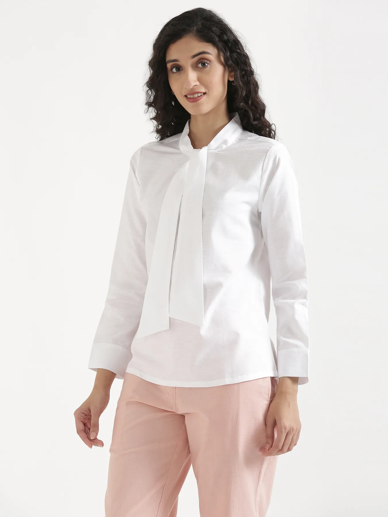 Women White Linen Blend Knot Blouse - Image 11
