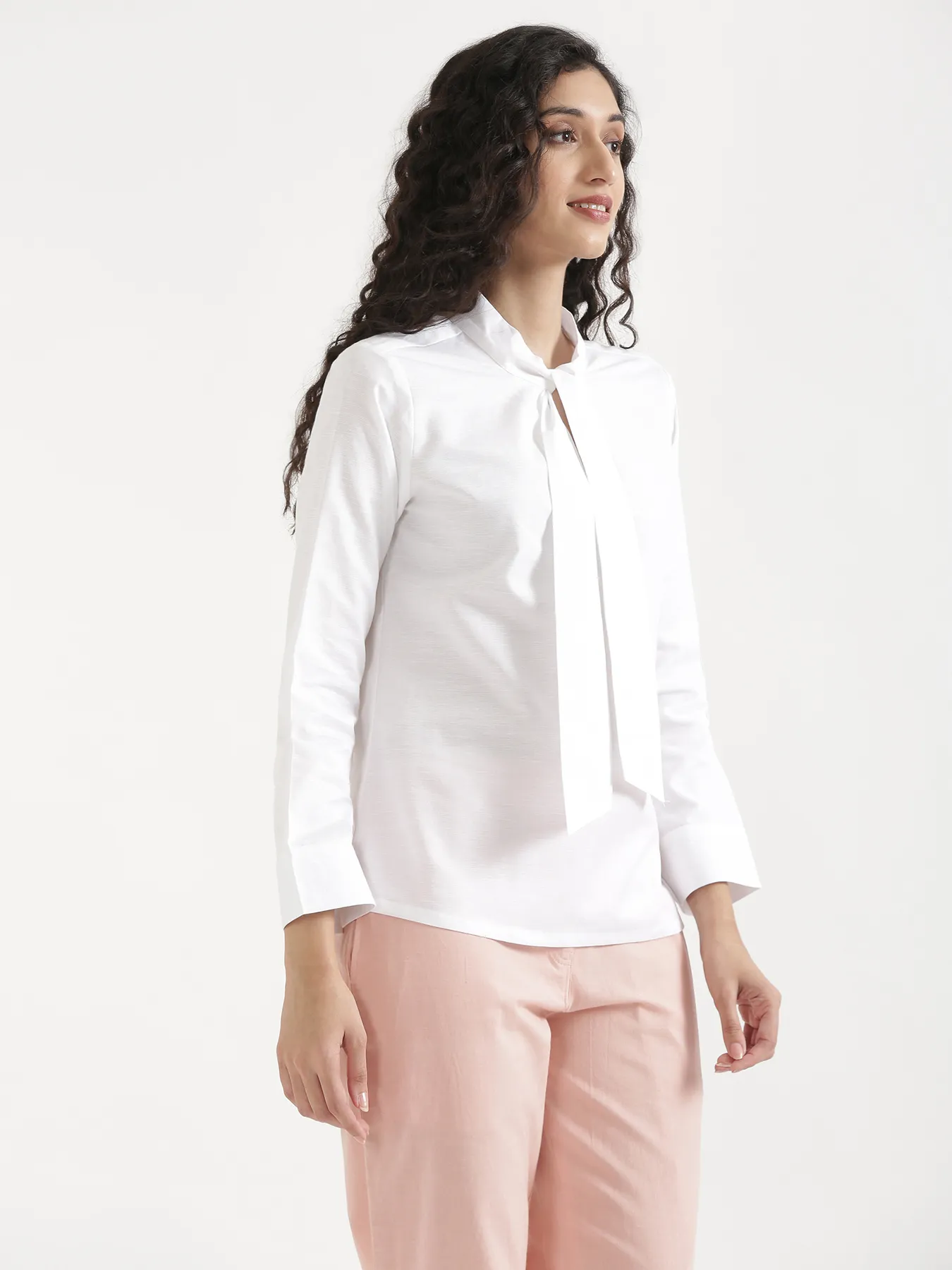 Women White Linen Blend Knot Blouse - Image 12