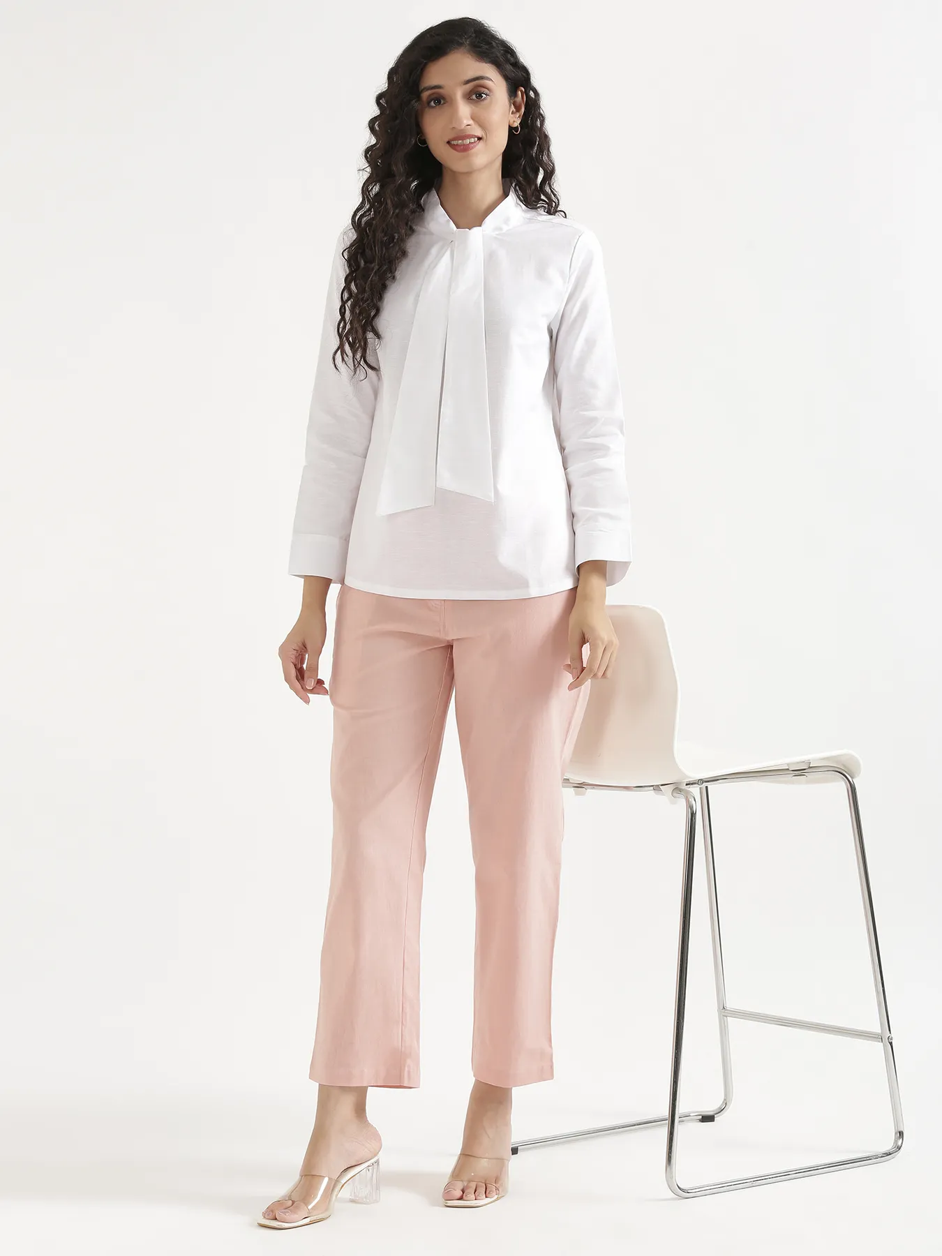 Women White Linen Blend Knot Blouse - Image 13