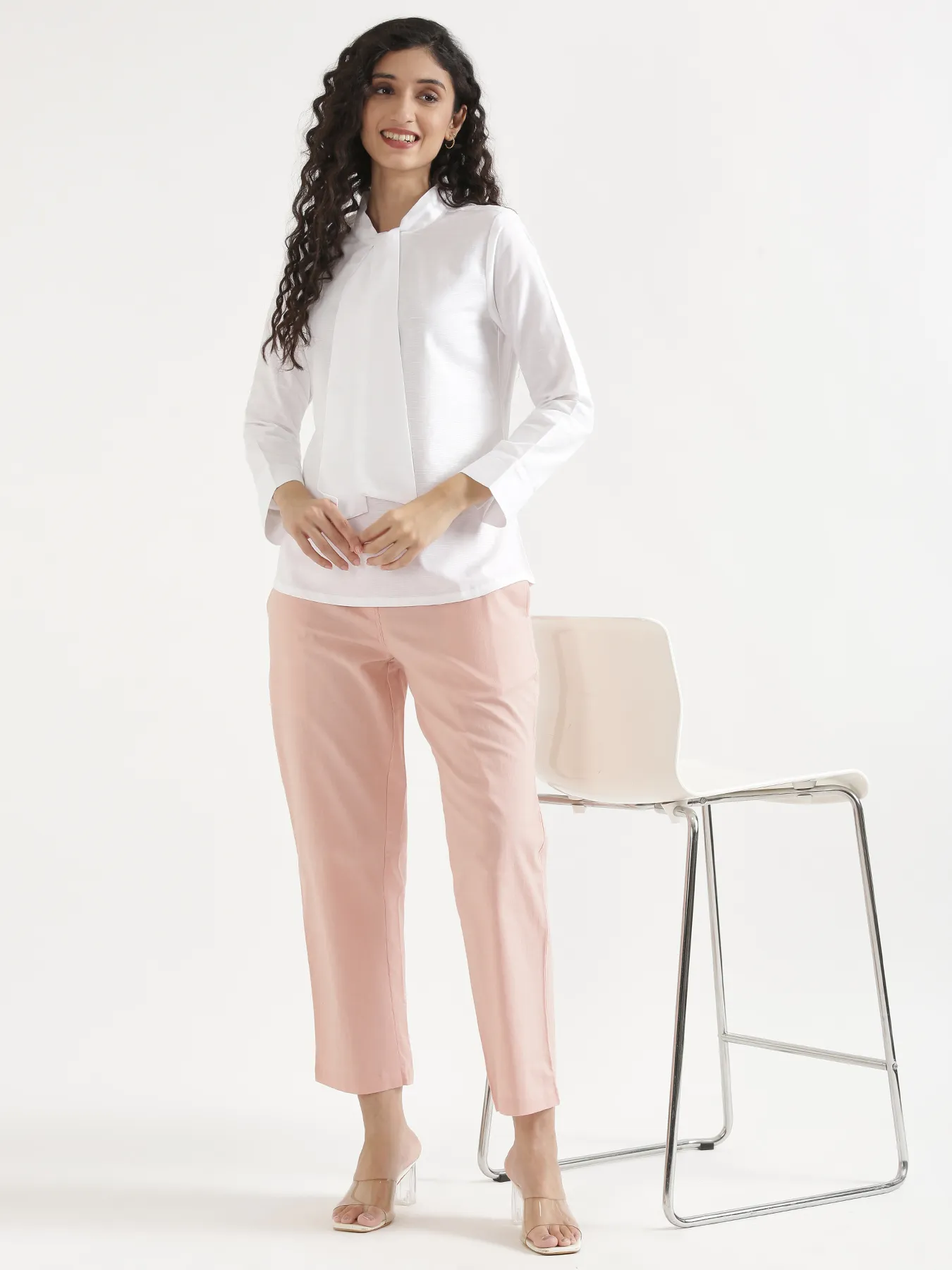 Women White Linen Blend Knot Blouse - Image 14