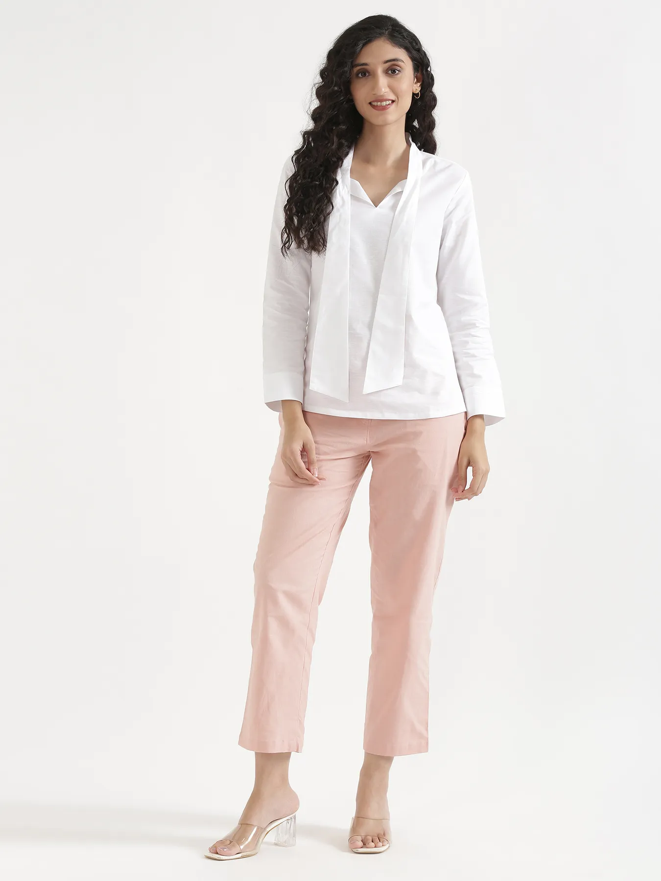 Women White Linen Blend Knot Blouse - Image 3