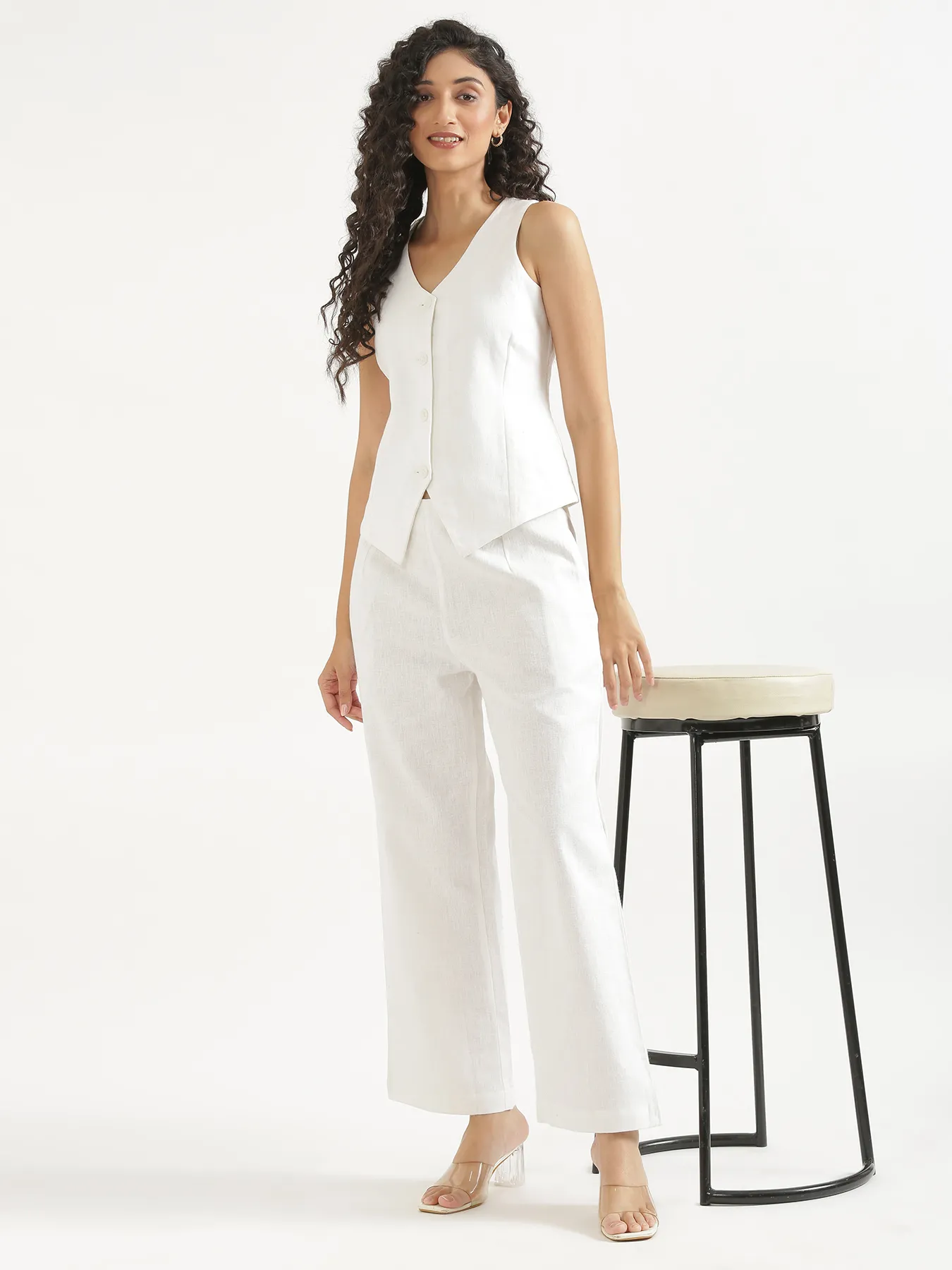 Women White Linen Blend Waist Coat - Image 10