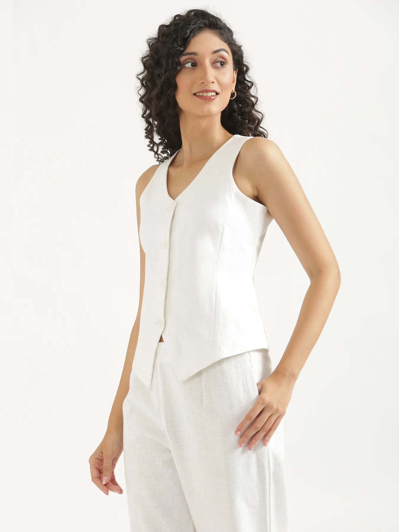 Women White Linen Blend Waist Coat - Image 8