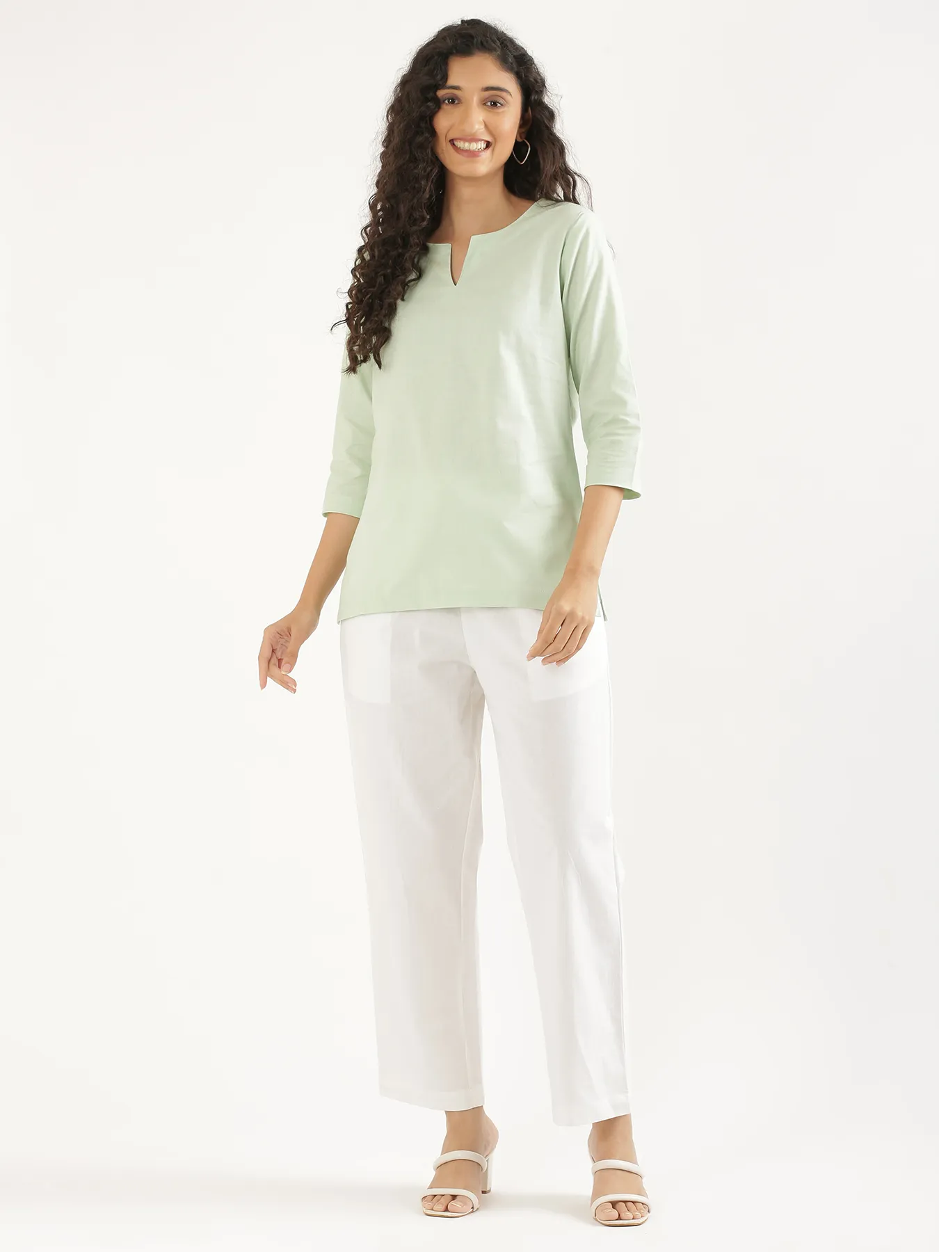 Women White Cotton Straight Pant - Image 3