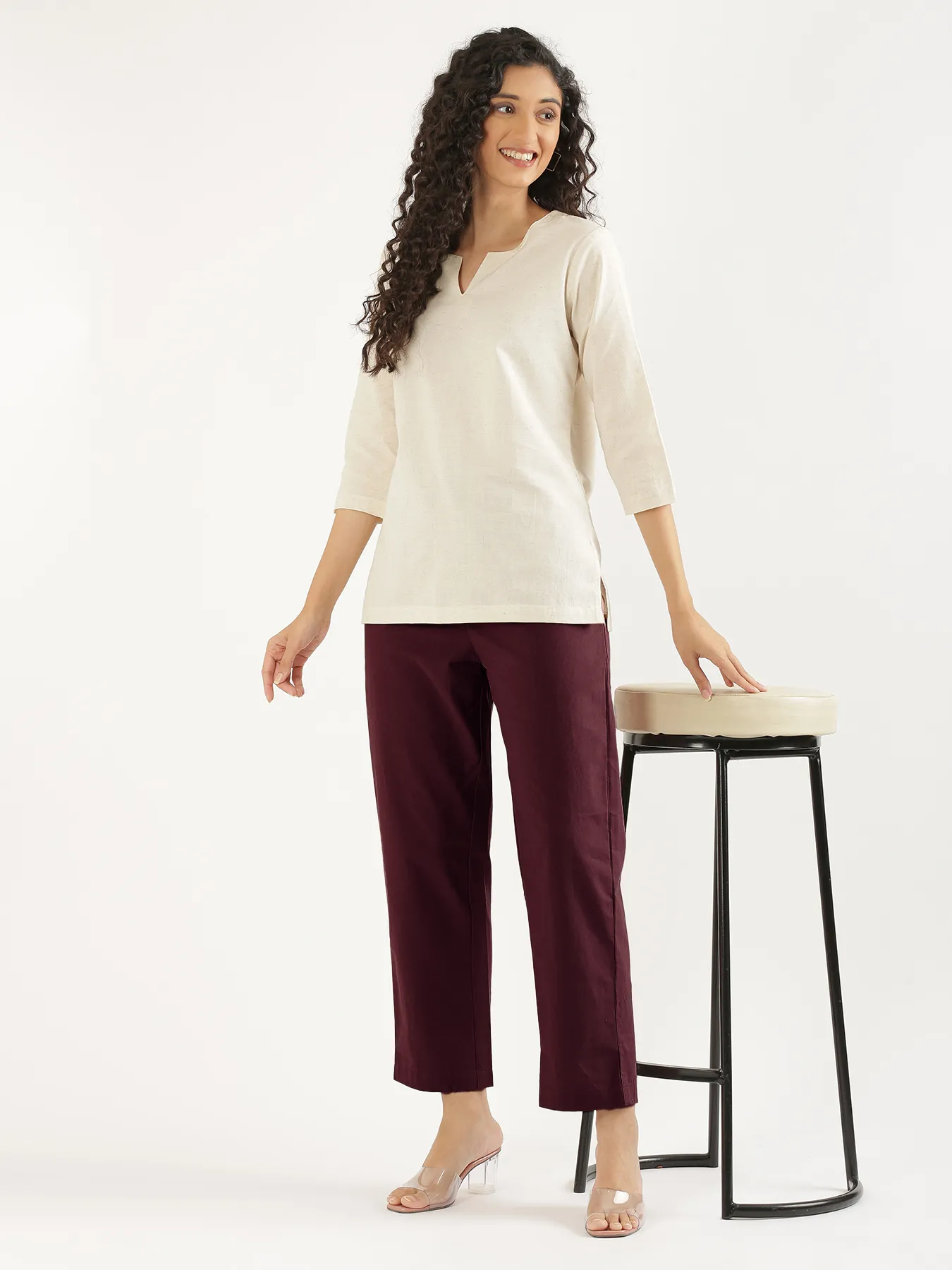 Women Wine Cotton Straight Pant - Image 11