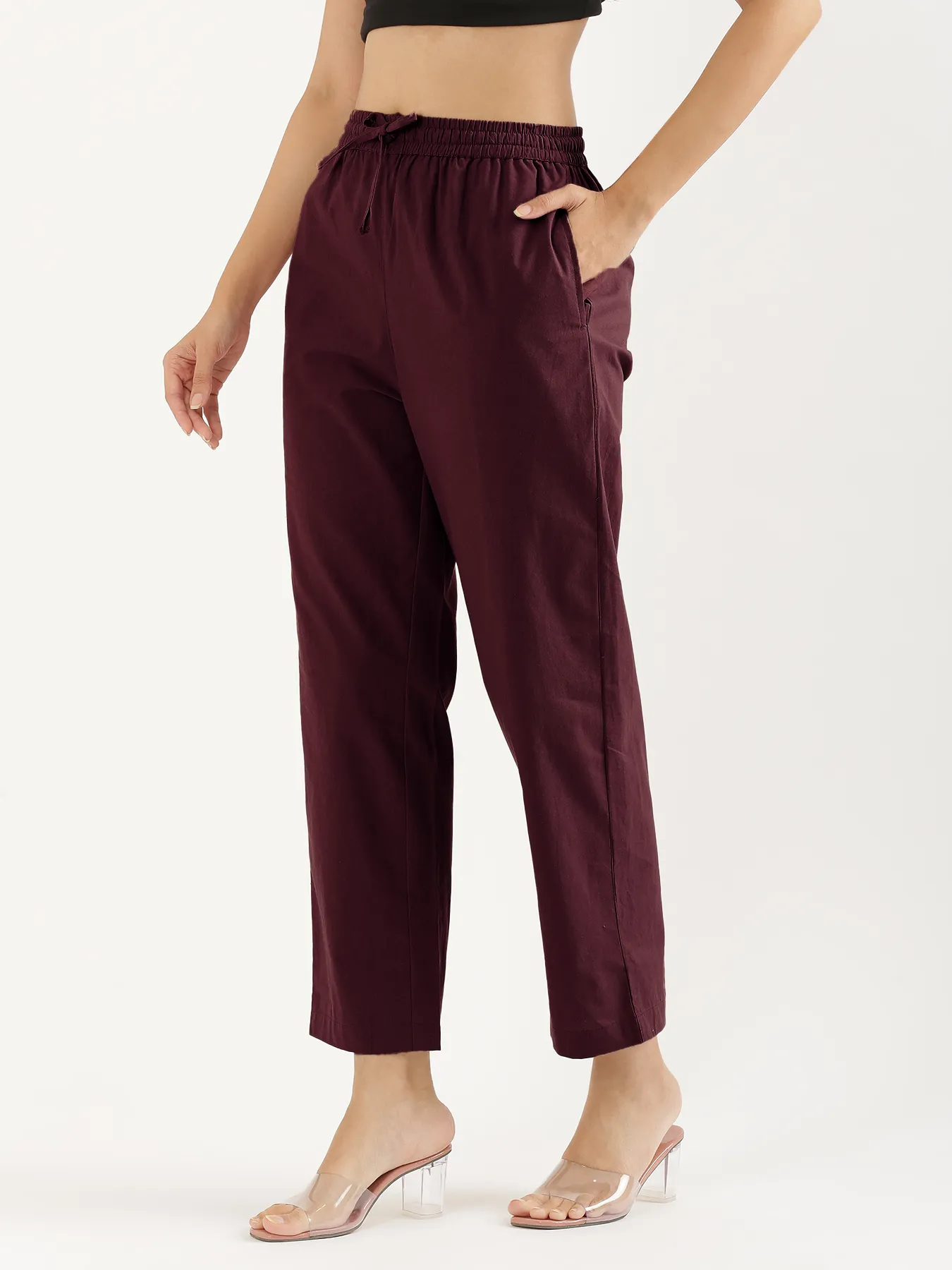 Women Wine Cotton Straight Pant - Image 4