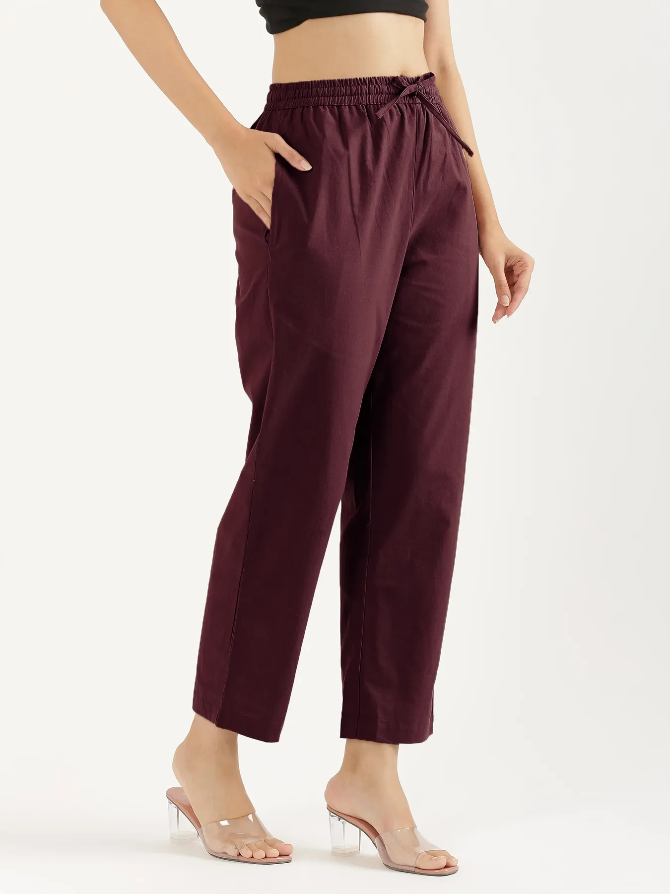 Women Wine Cotton Straight Pant - Image 5