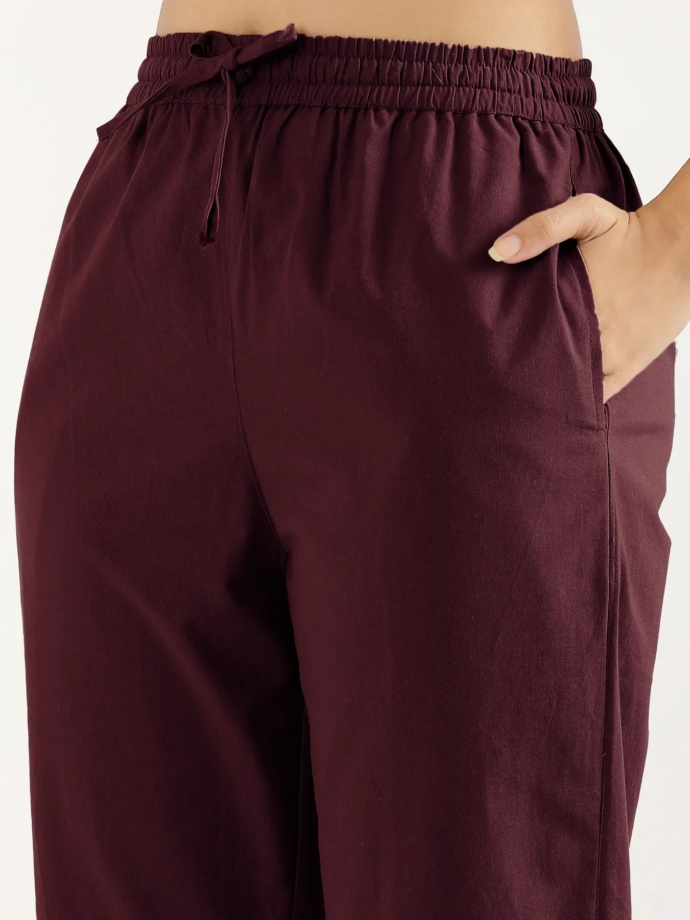 Women Wine Cotton Straight Pant - Image 7